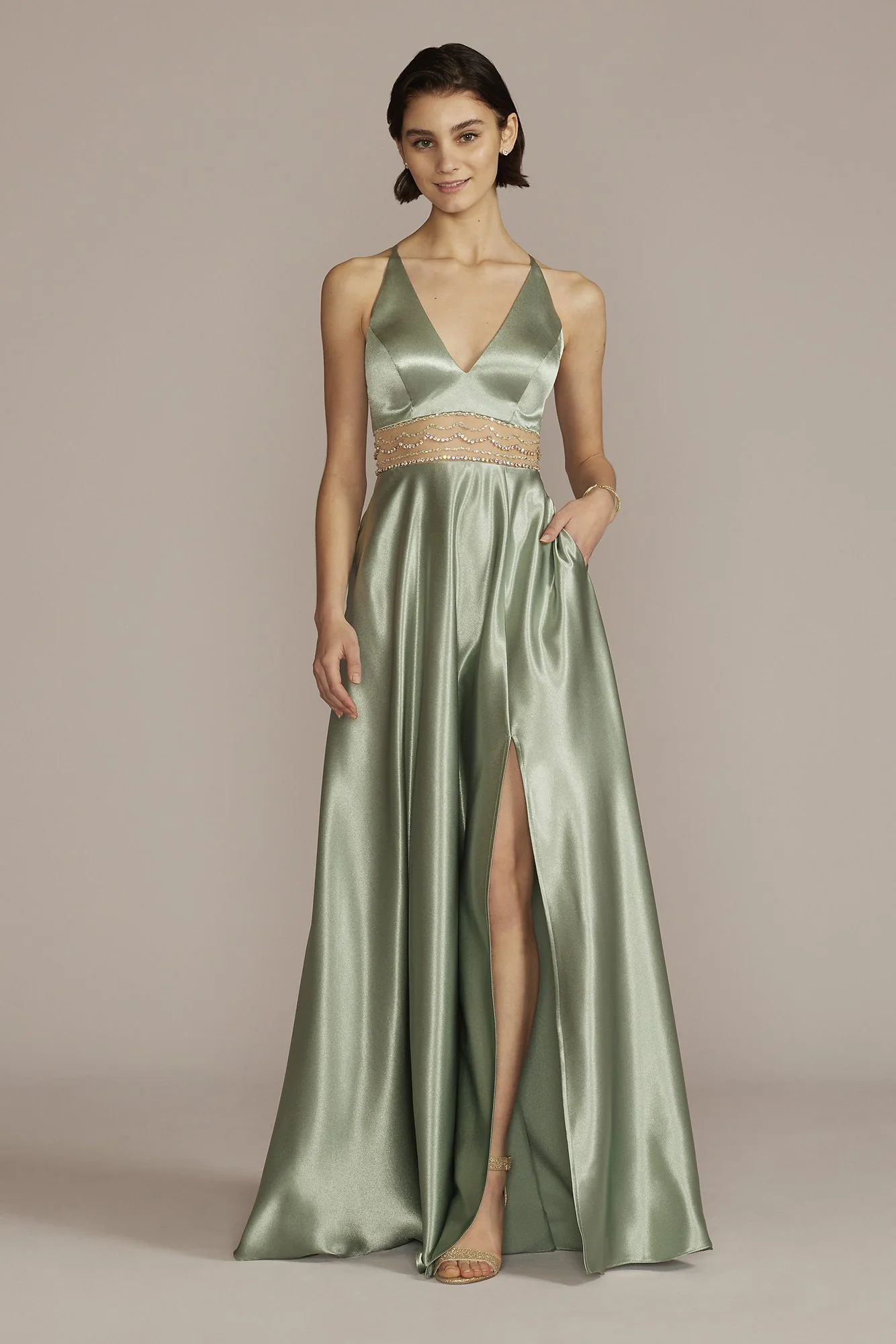Satin Prom Gown with Embellished Illusion Waist - Image 4