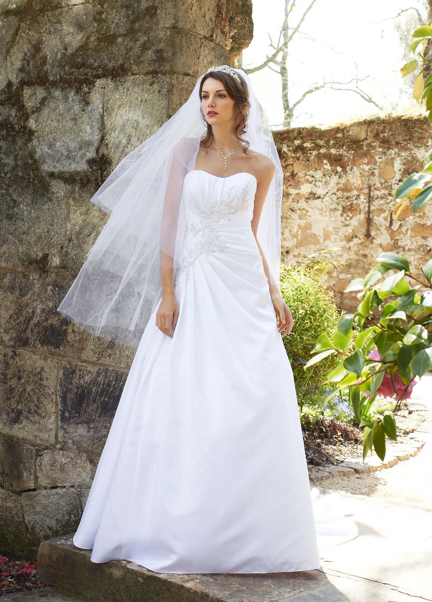Satin Side Draped Gown with Beaded Lace Appliques