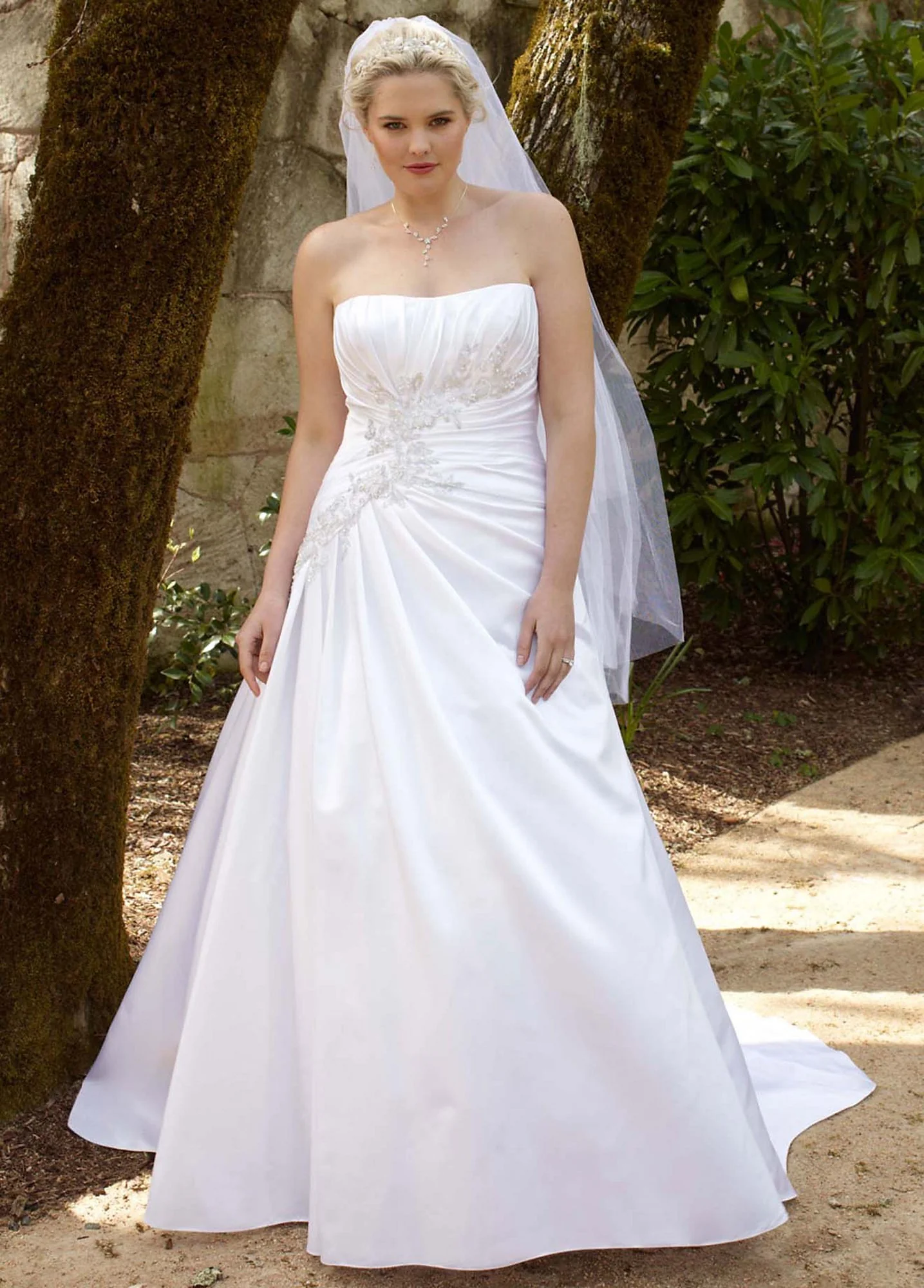 Satin Side Draped Gown with Beaded Lace Appliques - Image 2