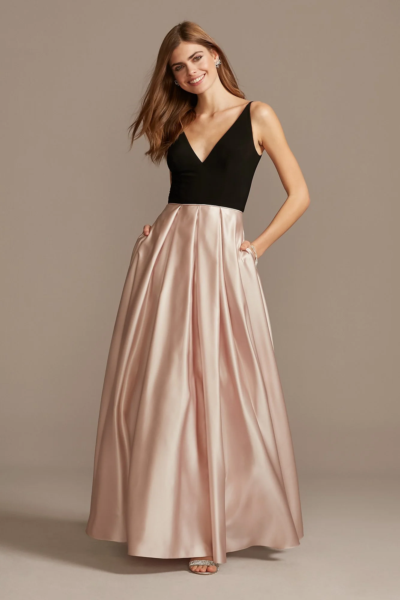 Satin Skirt Plunging-V Ball Gown with Pockets - Image 2