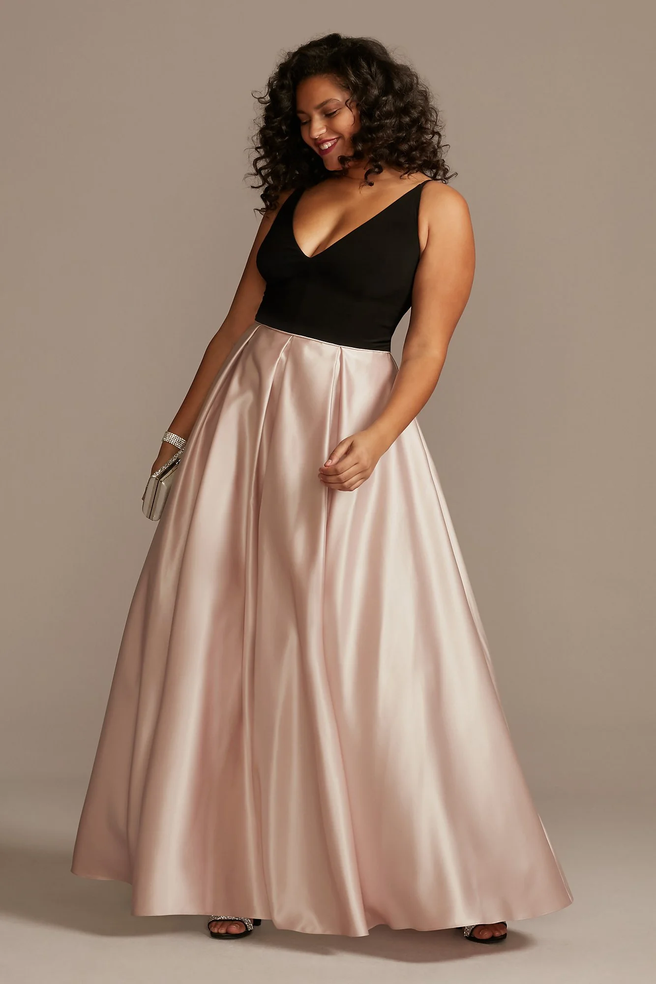 Satin Skirt Plunging-V Ball Gown with Pockets - Image 3