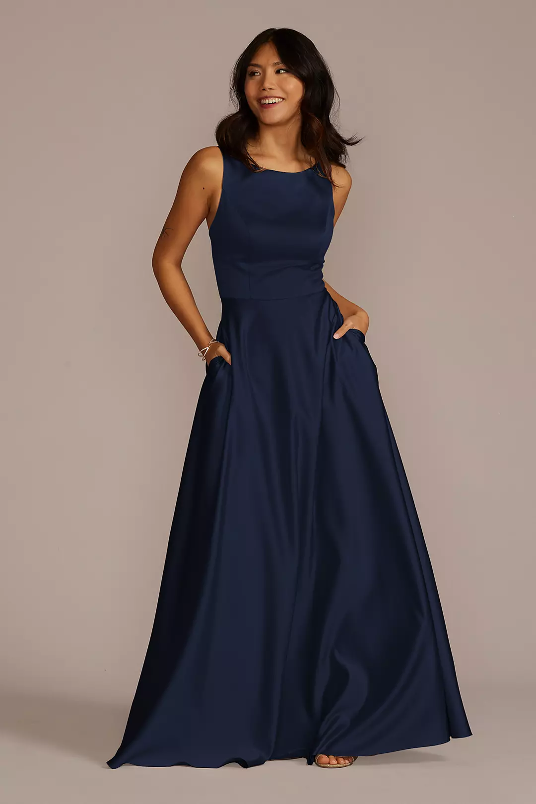 Satin Sleeveless Boatneck Dress - Image 100