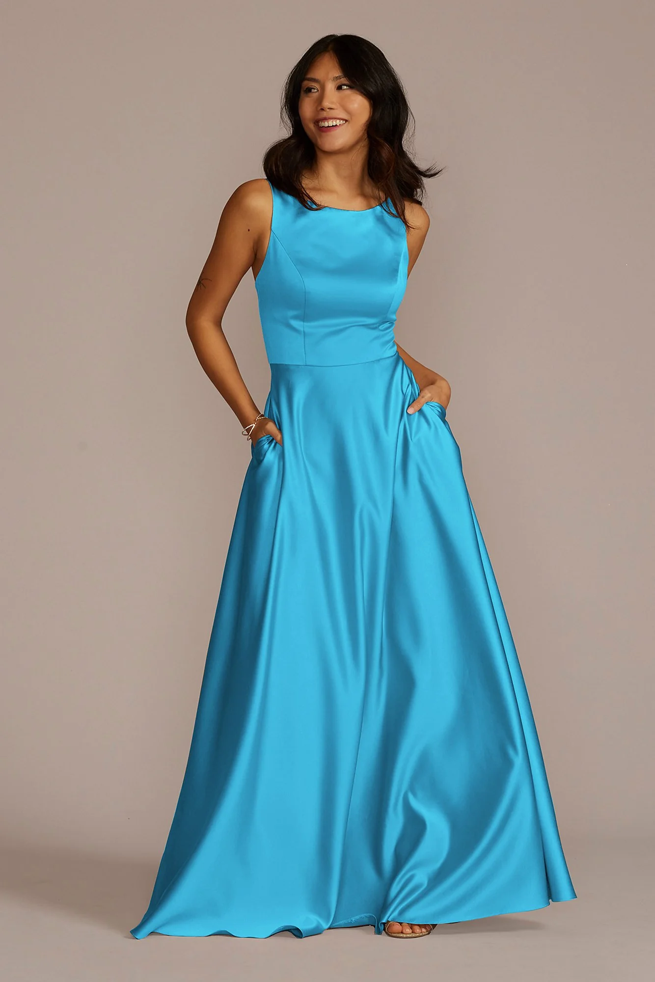 Satin Sleeveless Boatneck Dress - Image 42