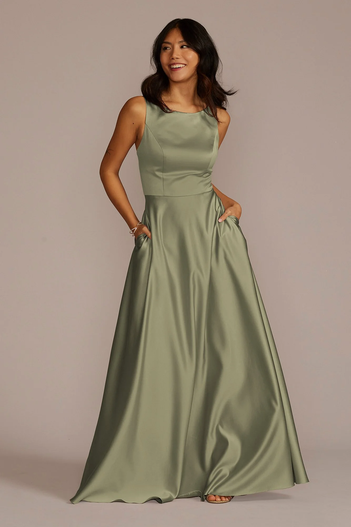 Satin Sleeveless Boatneck Dress - Image 44