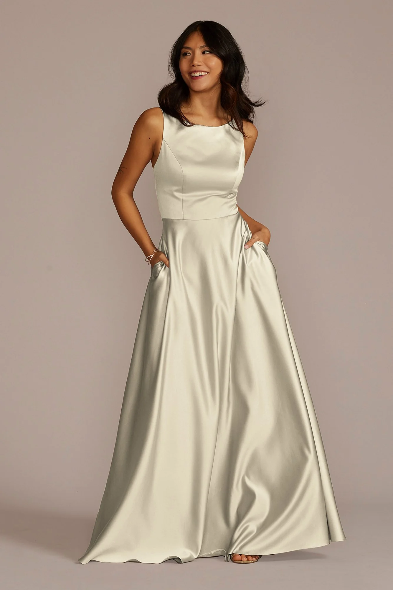 Satin Sleeveless Boatneck Dress - Image 49
