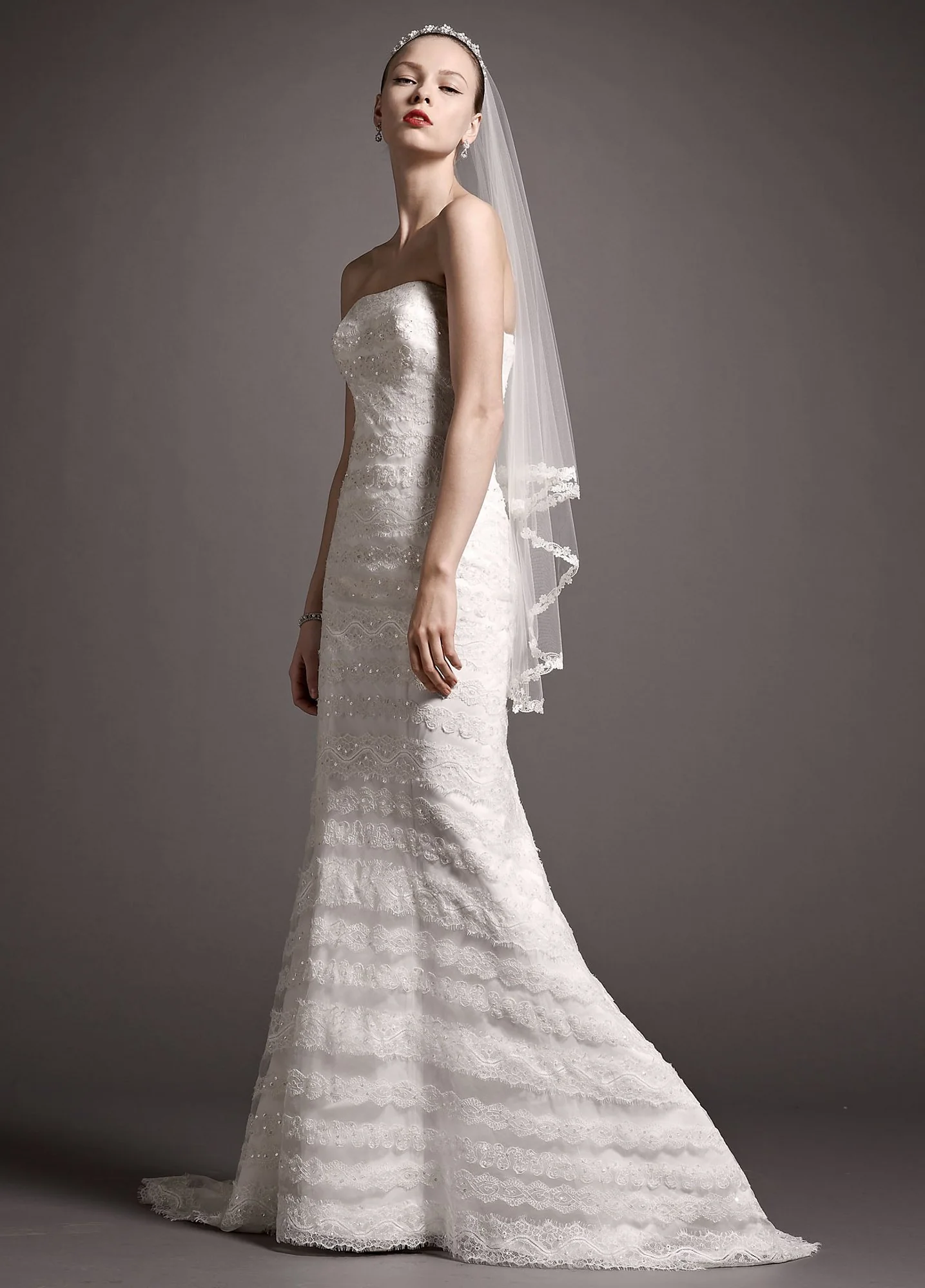 Satin Slim Gown with Horizontal Lace Detail - Image 3