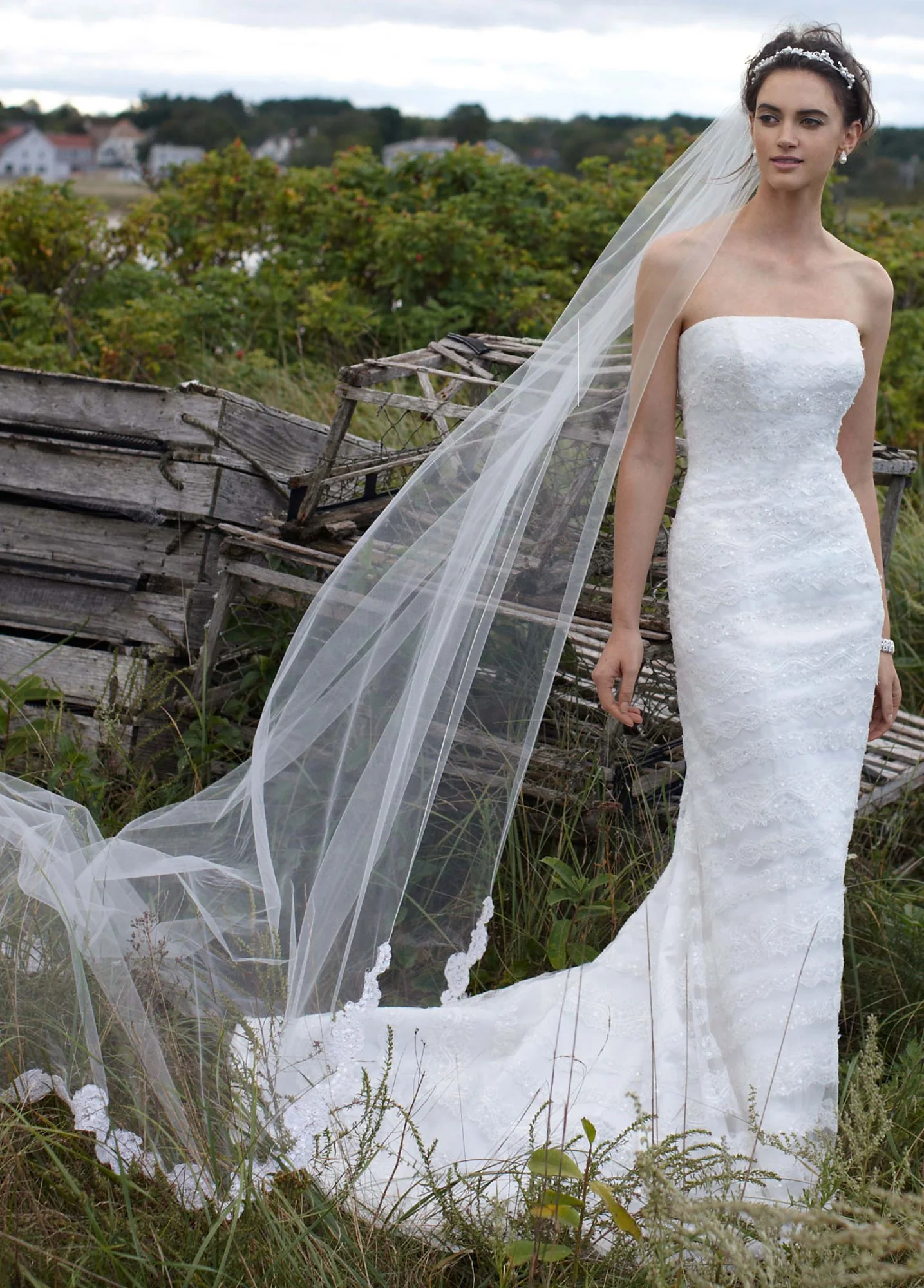 Satin Slim Gown with Horizontal Lace Detail - Image 2