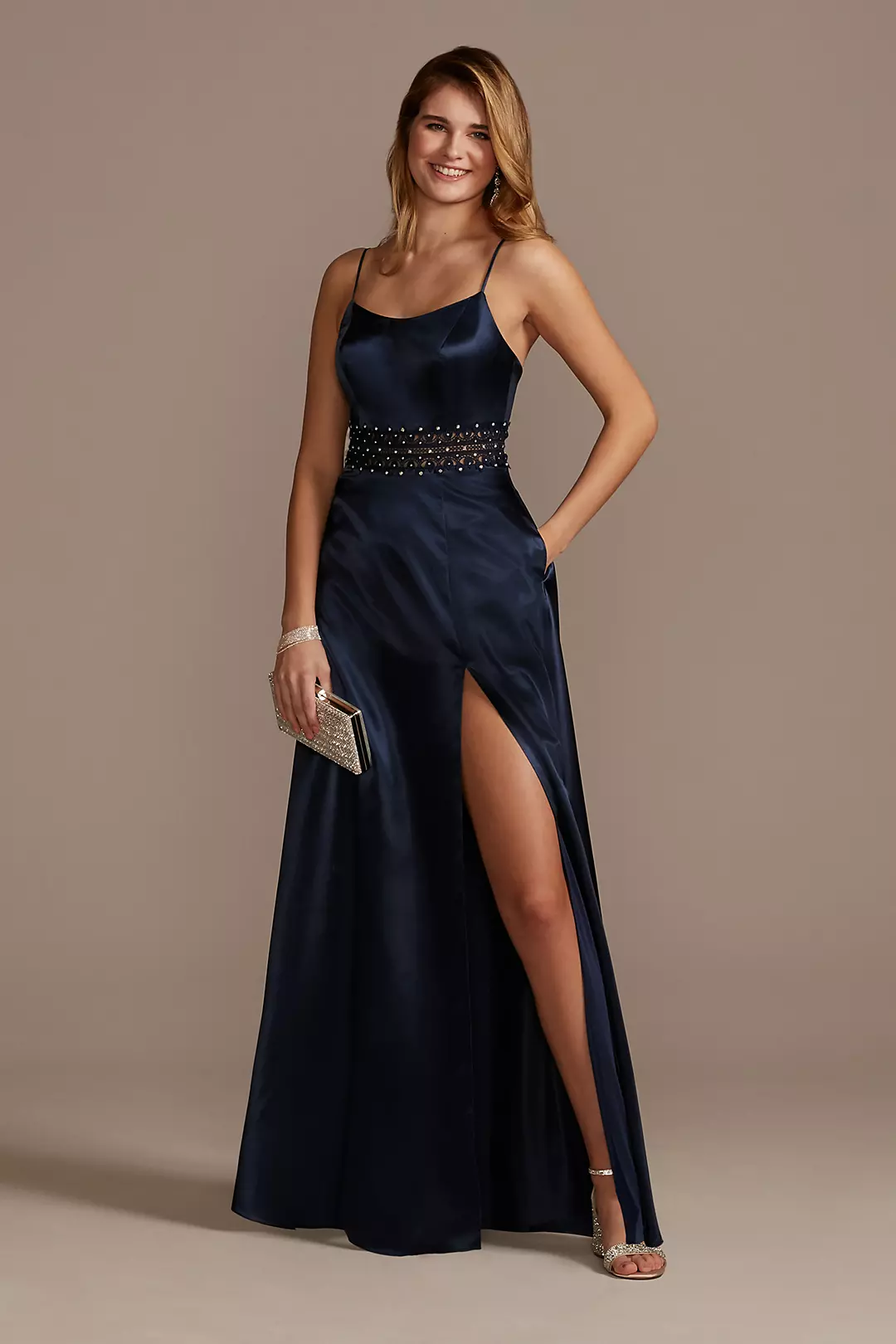 Satin Spaghetti Strap A-Line Dress with Crystals - Image 14