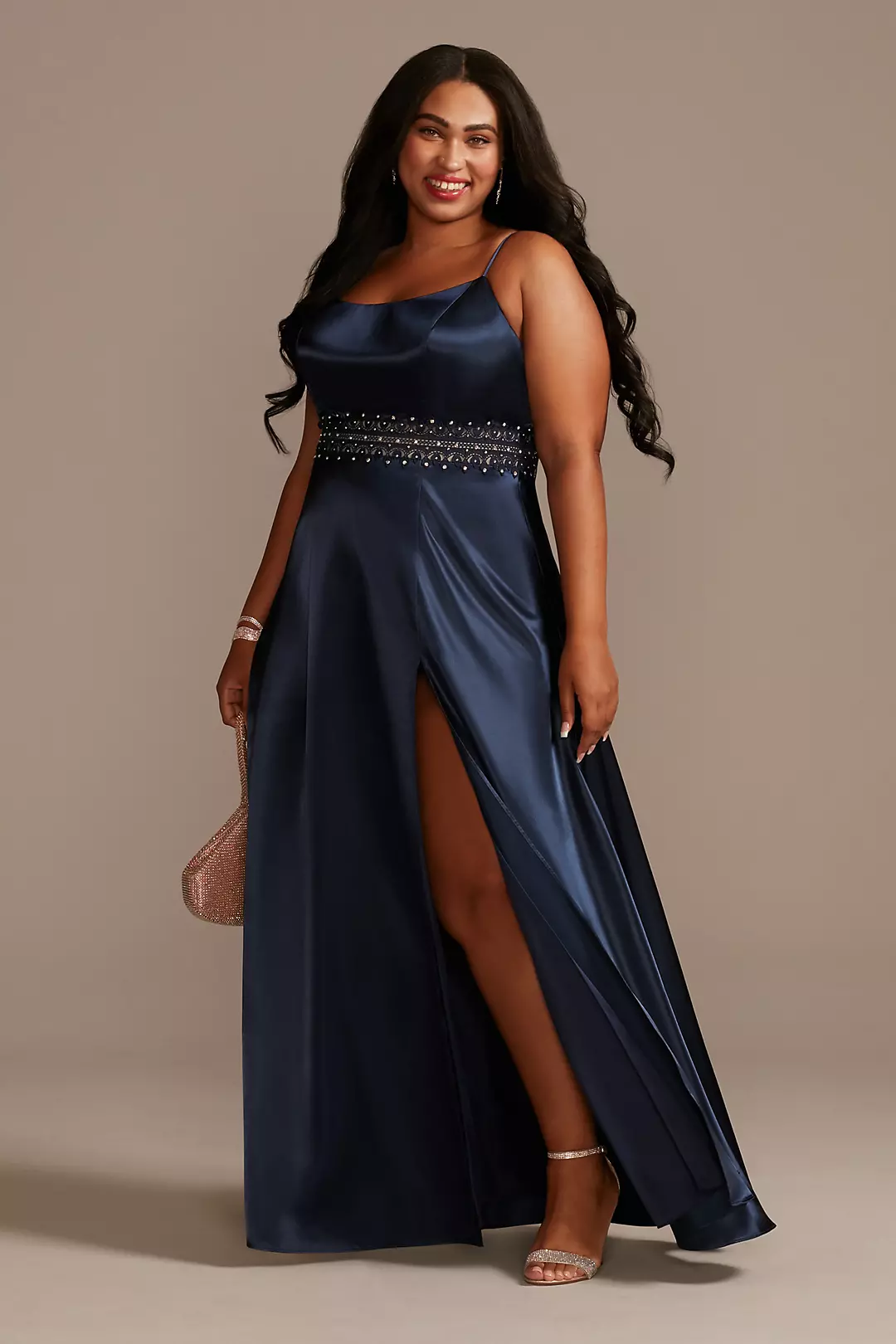 Satin Spaghetti Strap A-Line Dress with Crystals - Image 5