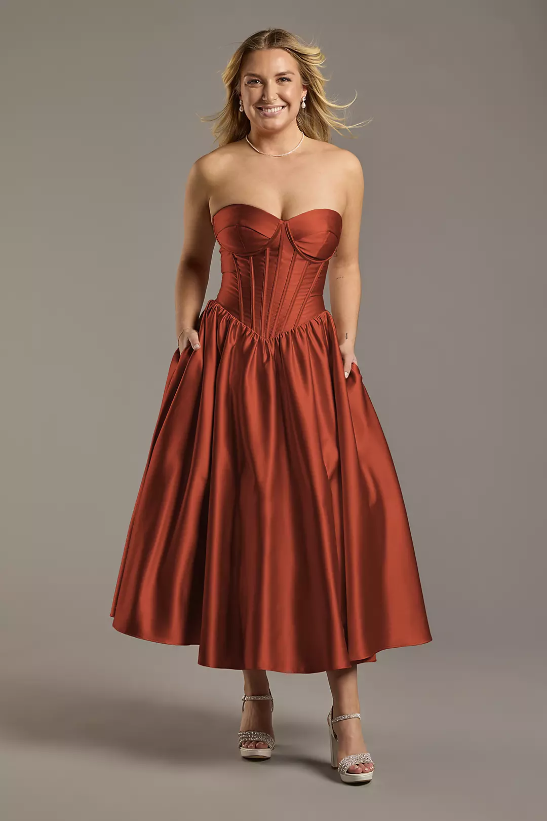 Satin Strapless Drop Waist Midi Dress - Image 24