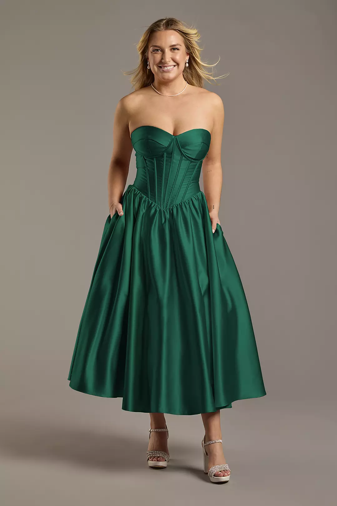 Satin Strapless Drop Waist Midi Dress - Image 28