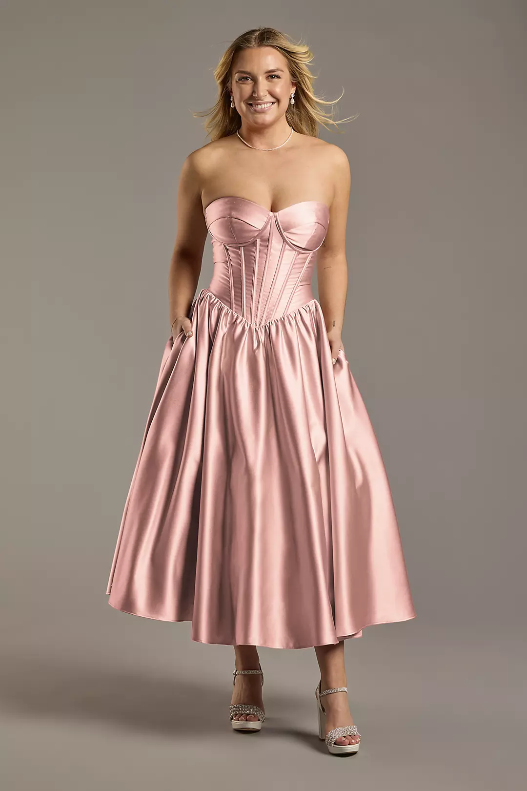 Satin Strapless Drop Waist Midi Dress - Image 29