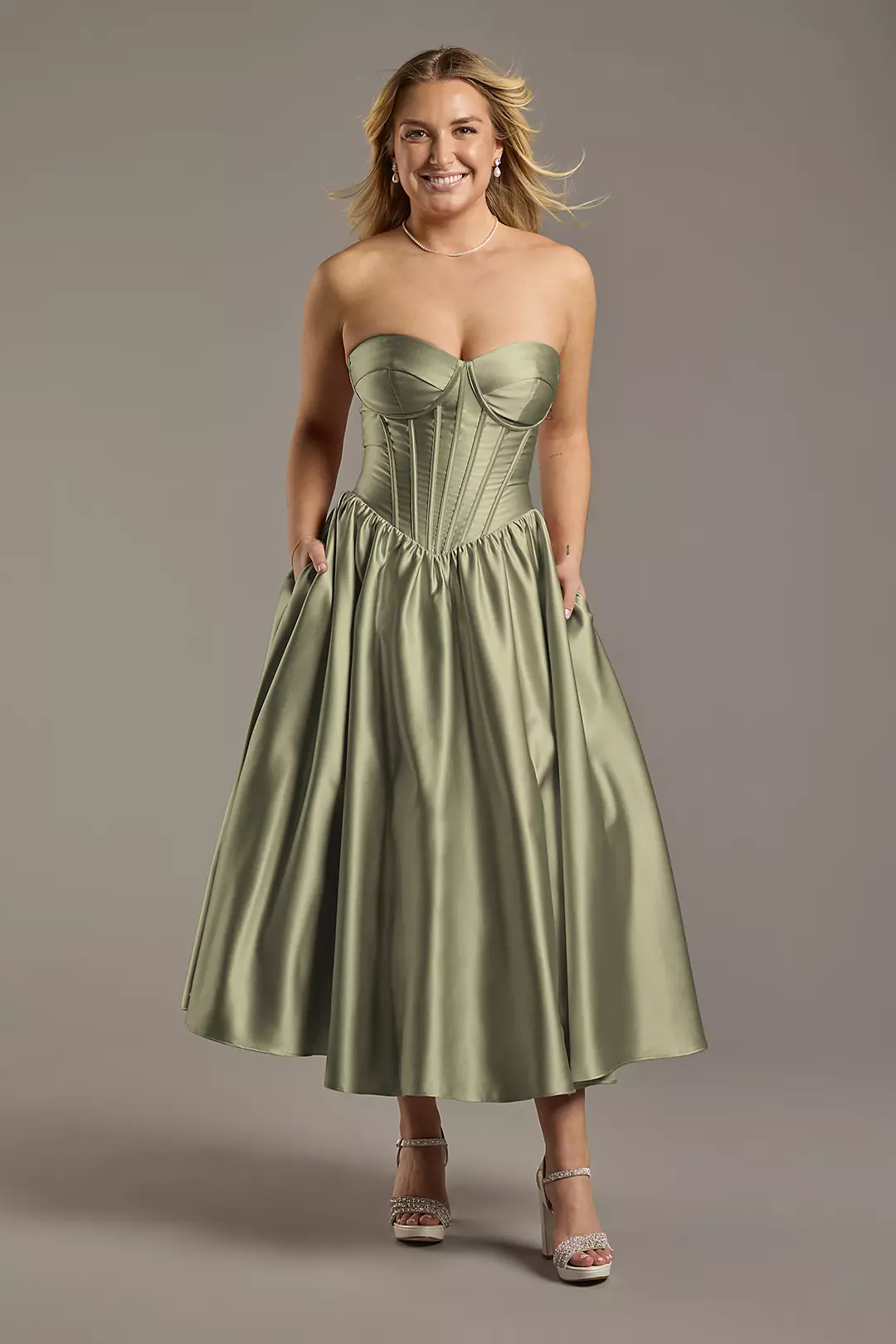 Satin Strapless Drop Waist Midi Dress - Image 5