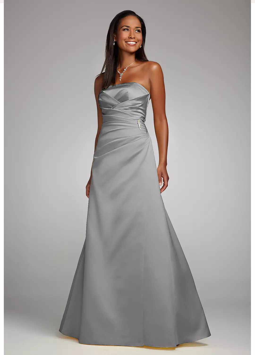Satin Strapless Gown with Side-Drape and Brooch - Image 5