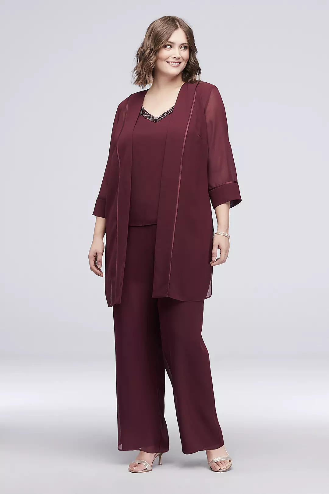 Satin-Trimmed Georgette Pantsuit with Beaded Neck - Image 3