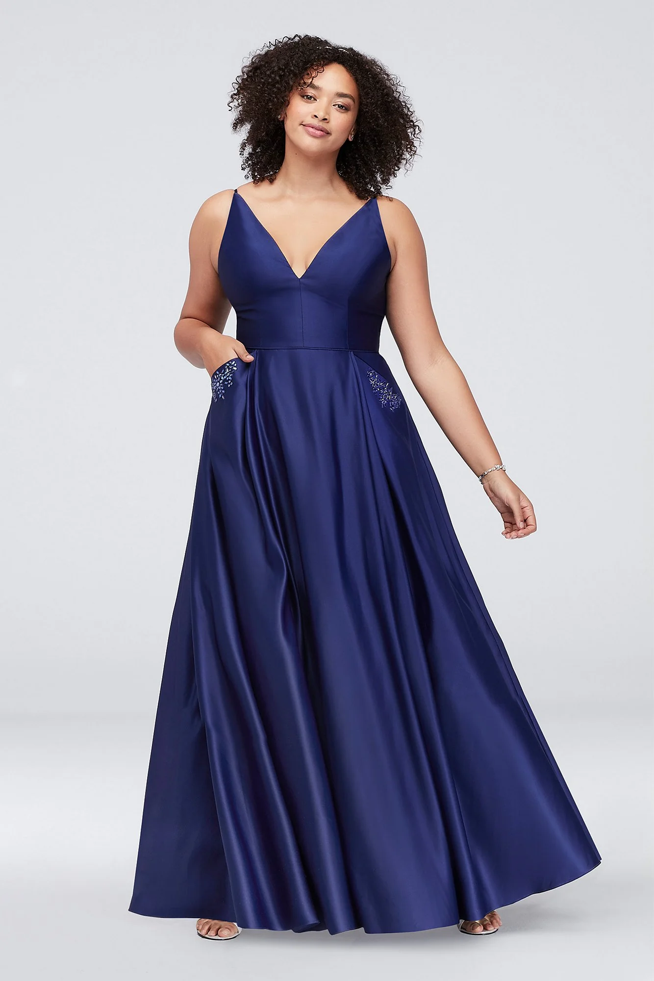 Satin V-Neck Ball Gown with Jeweled Slash Pockets