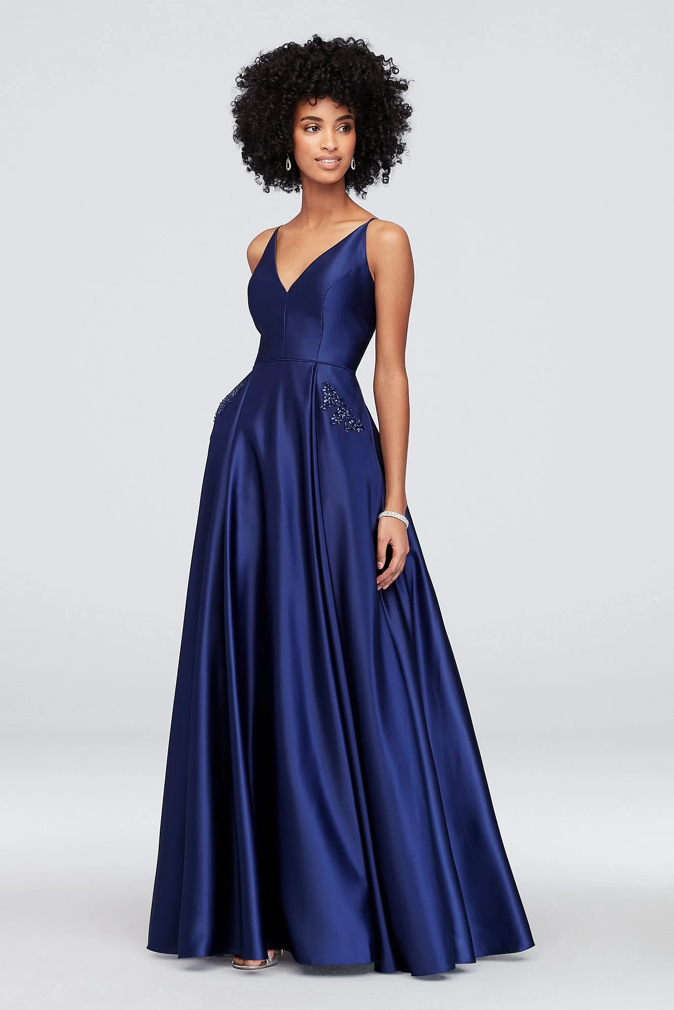 Satin V-Neck Ball Gown with Jeweled Slash Pockets - Image 3
