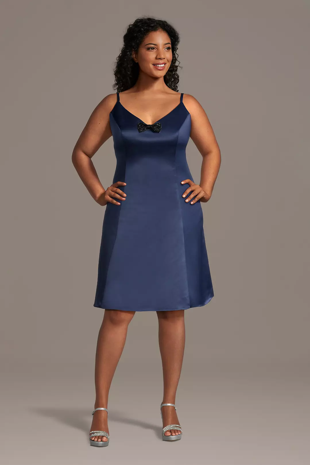 Satin V-Neck Mini Dress with Crystal Bow - Image 2