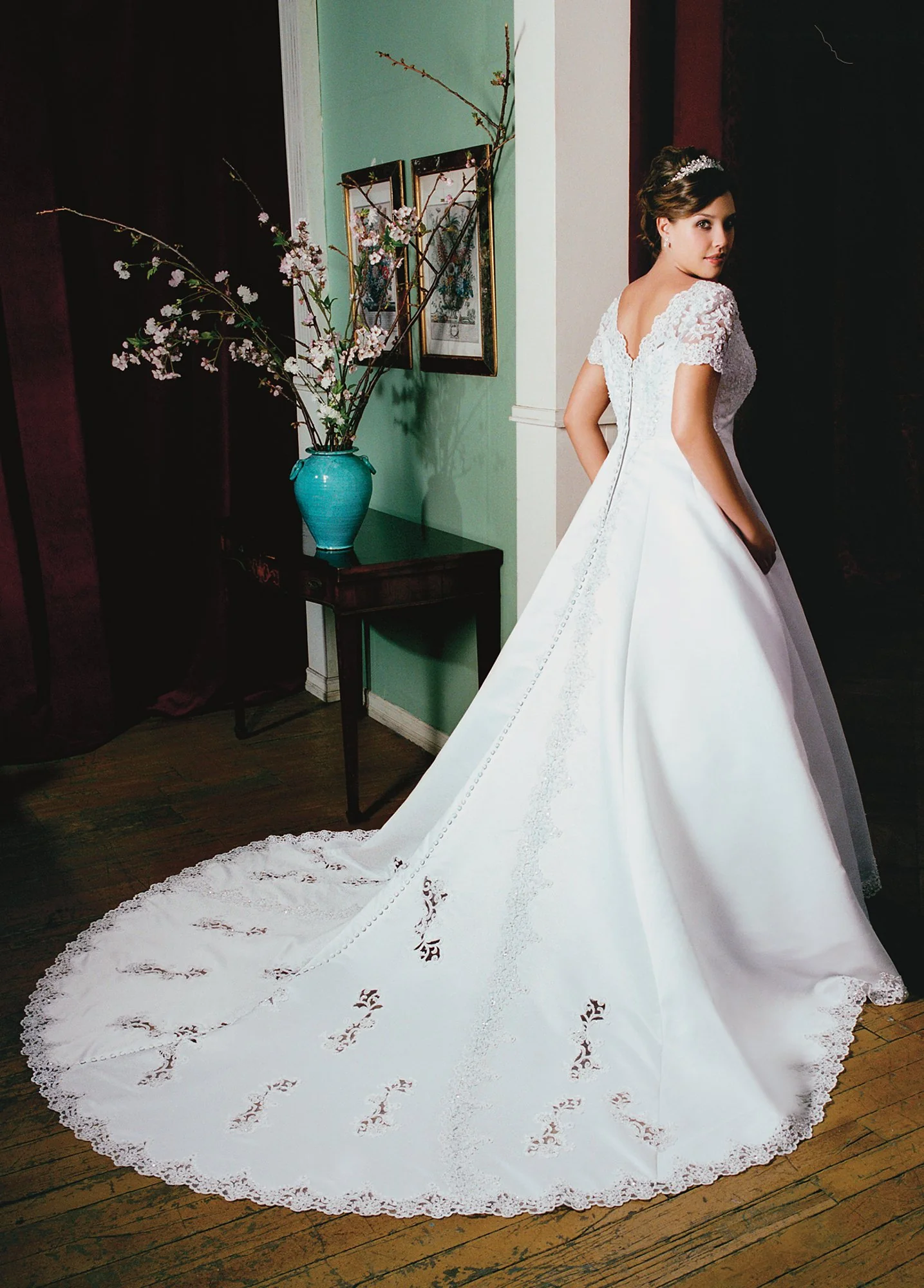 Satin V-Neck Short Sleeve A-line Satin Ball Gown