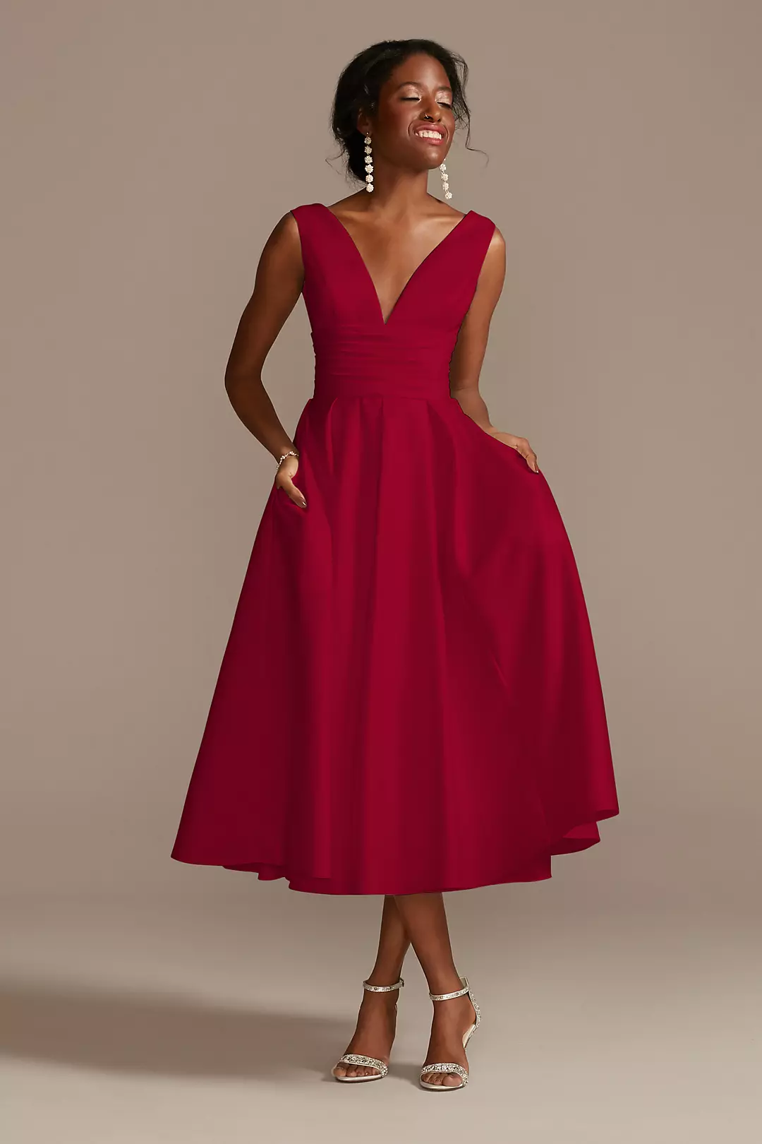Satin V-Neck Tea Length A-Line Dress - Image 12
