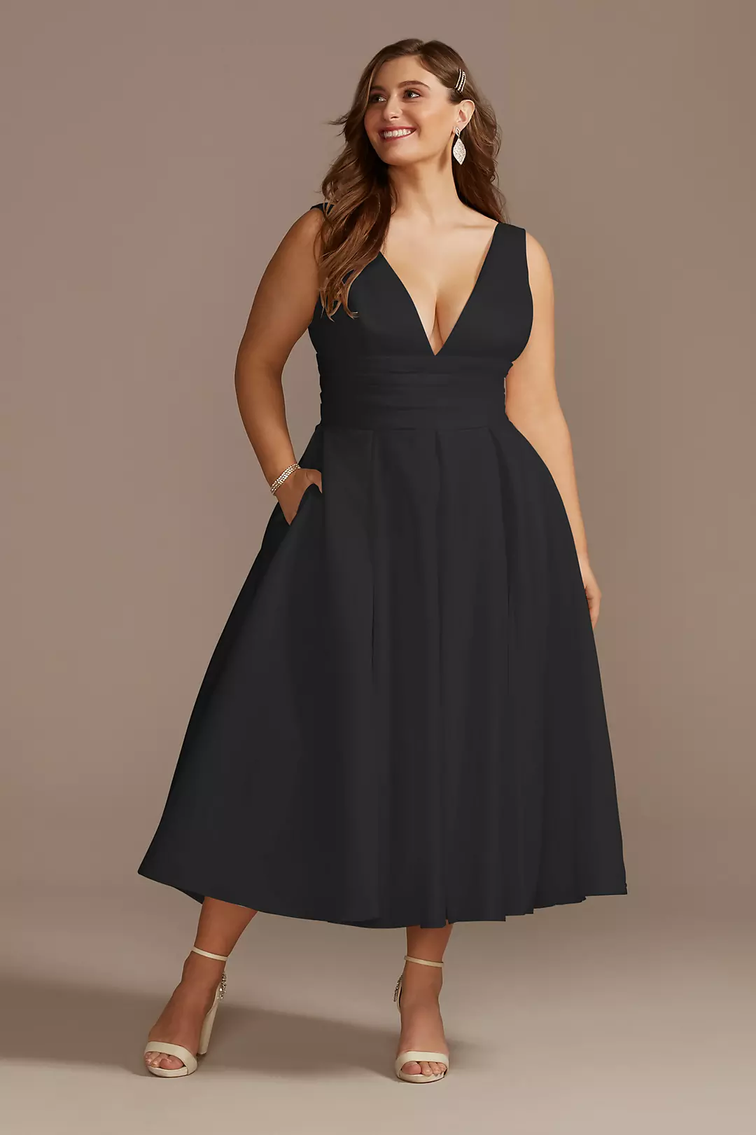 Satin V-Neck Tea Length A-Line Dress - Image 13