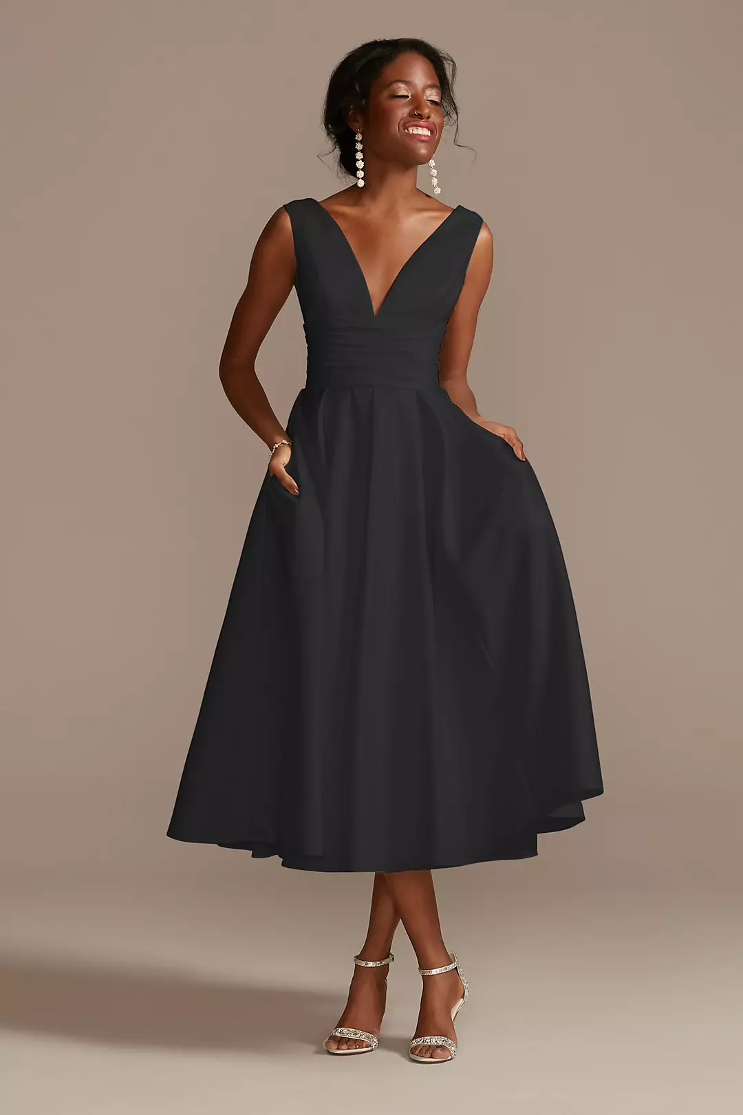 Satin V-Neck Tea Length A-Line Dress - Image 14