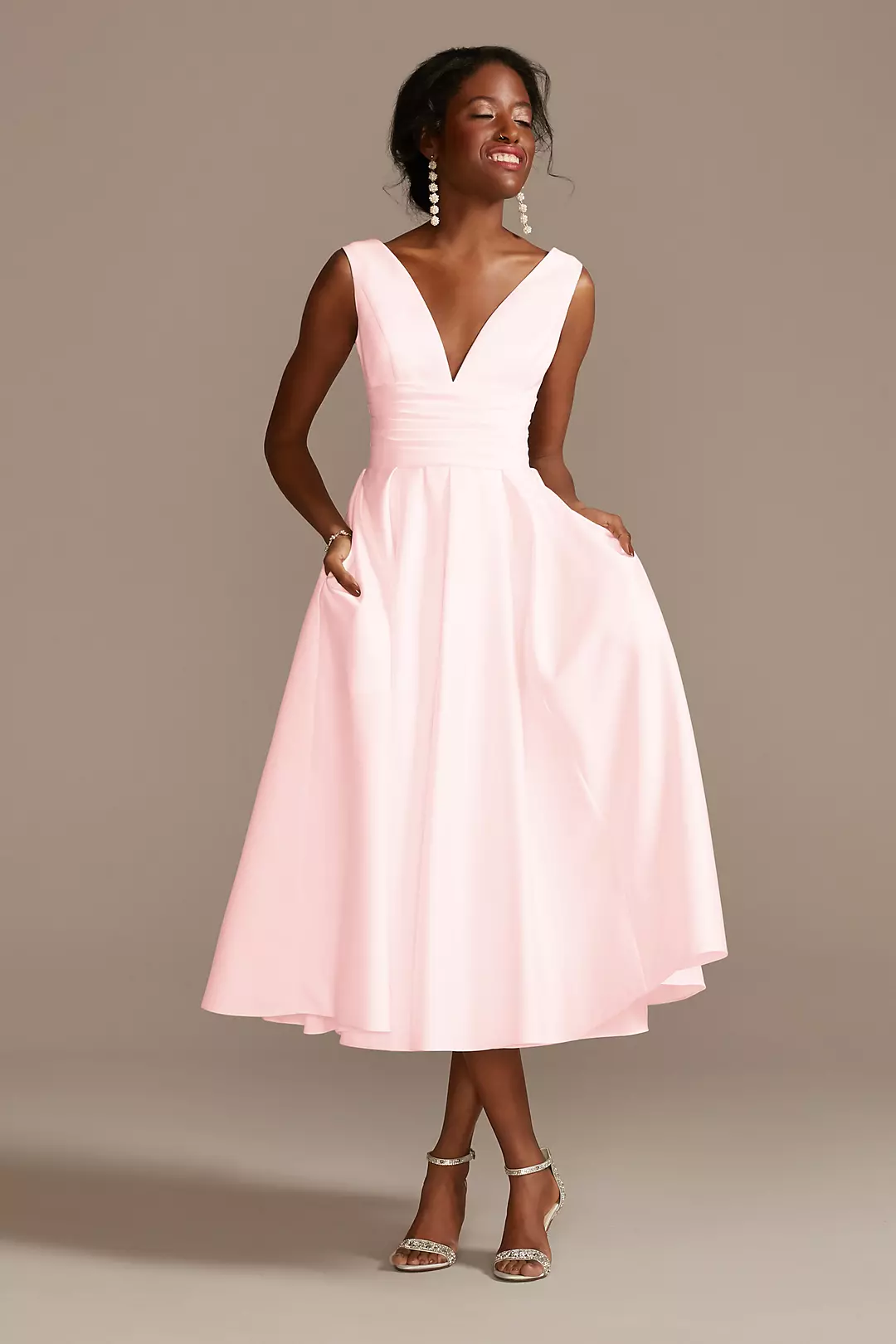Satin V-Neck Tea Length A-Line Dress - Image 18