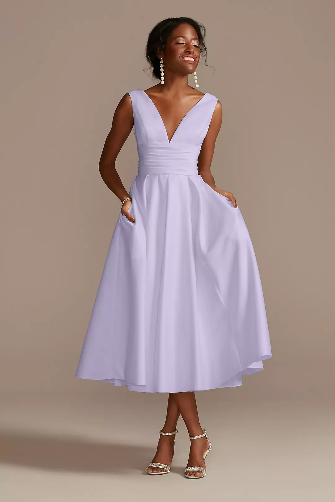 Satin V-Neck Tea Length A-Line Dress - Image 22