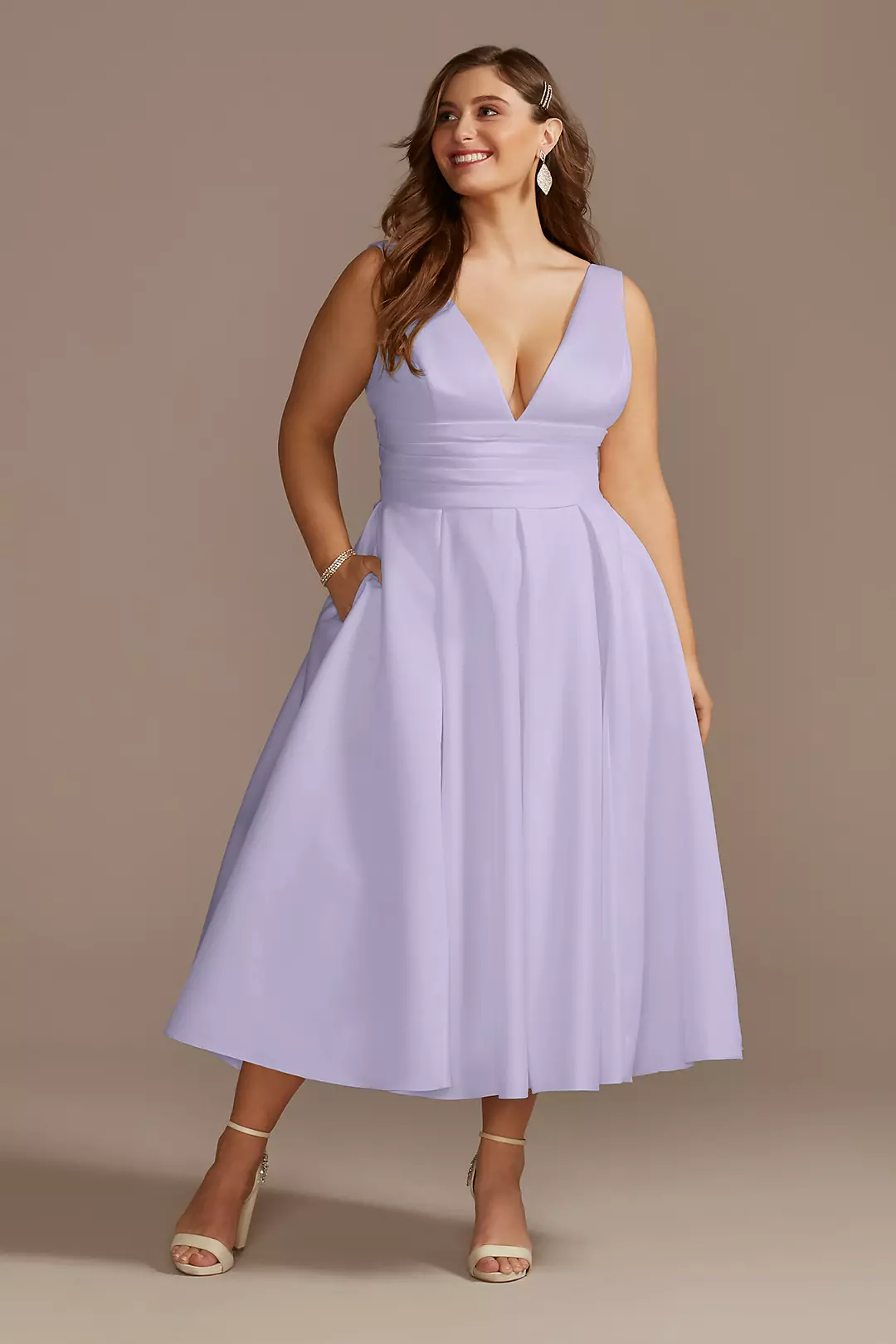 Satin V-Neck Tea Length A-Line Dress - Image 23