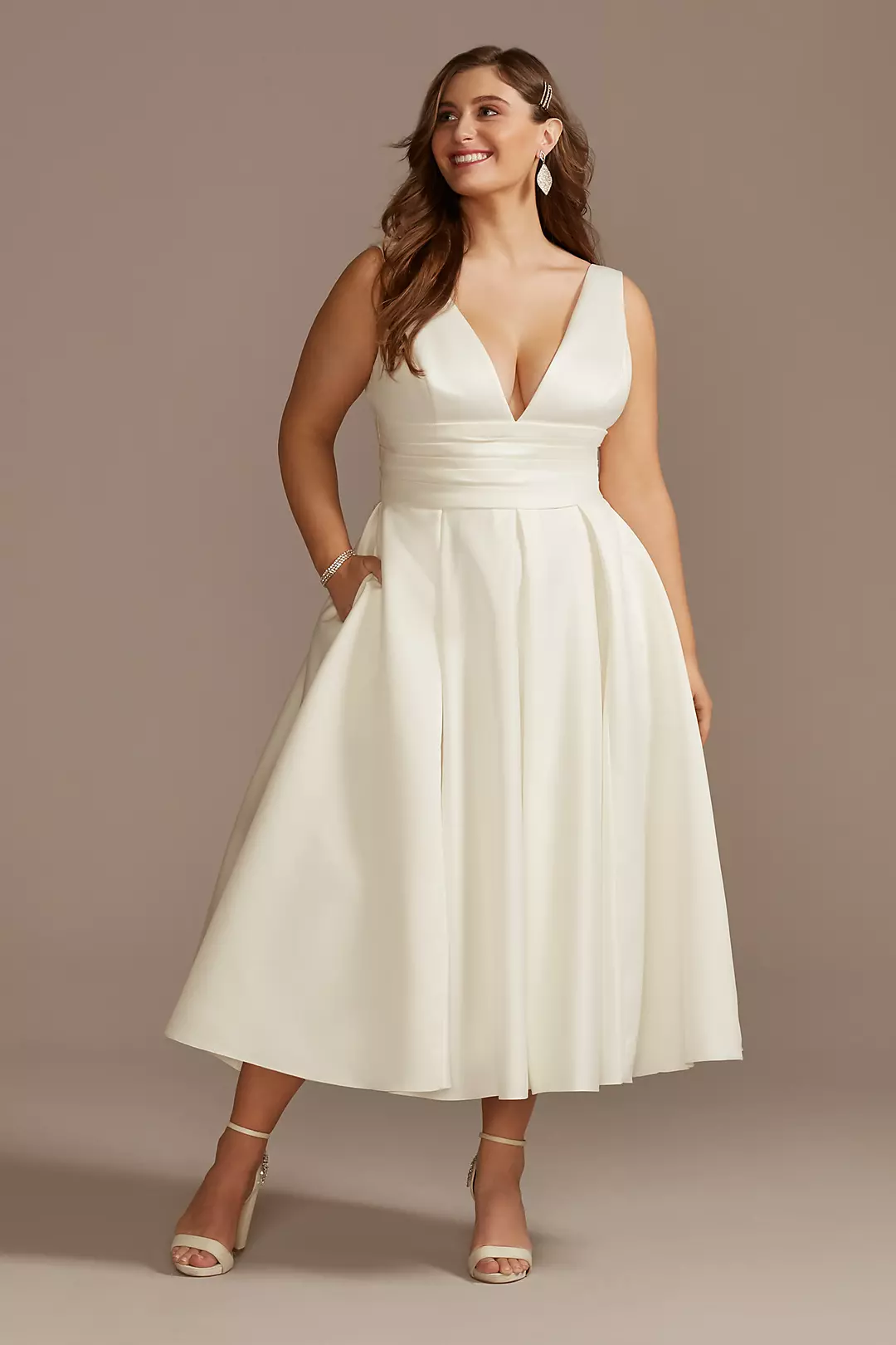 Satin V-Neck Tea Length A-Line Dress - Image 27