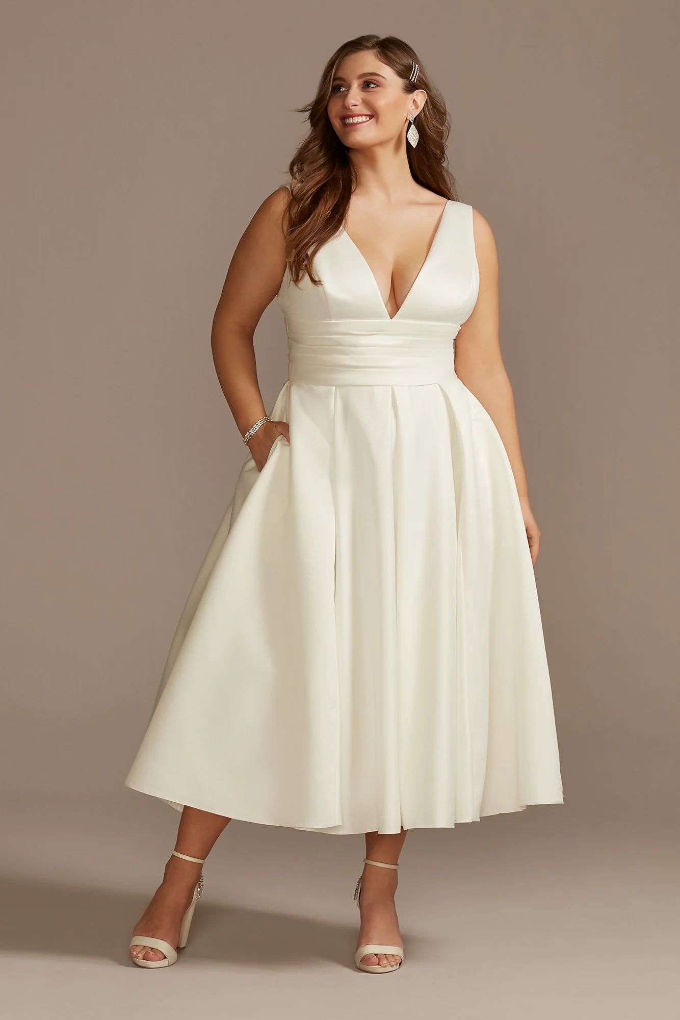 Satin V-Neck Tea Length A-Line Dress - Image 3