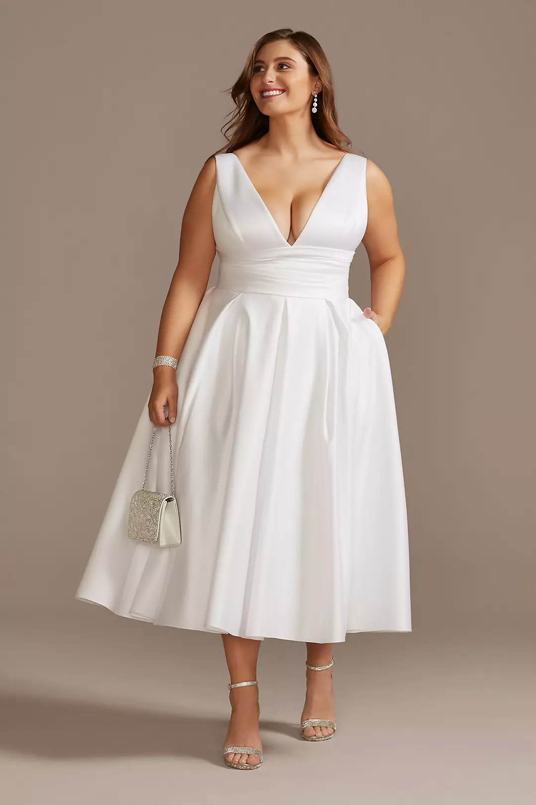 Satin V-Neck Tea Length A-Line Dress - Image 36