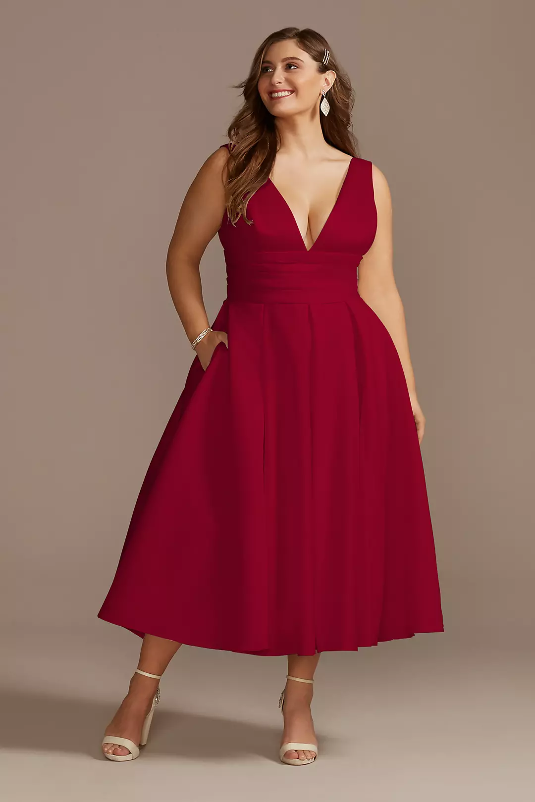 Satin V-Neck Tea Length A-Line Dress - Image 5