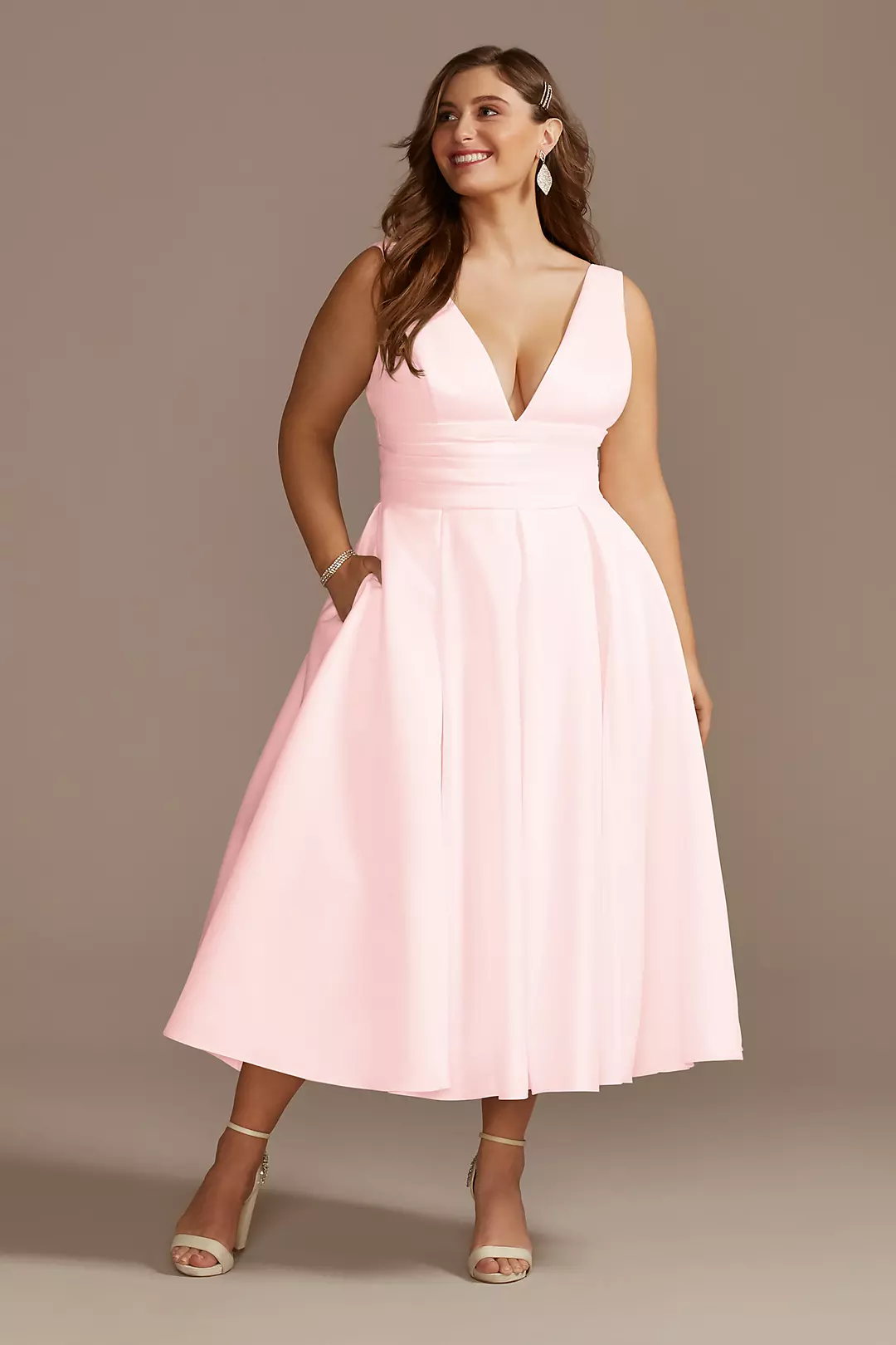 Satin V-Neck Tea Length A-Line Dress - Image 6