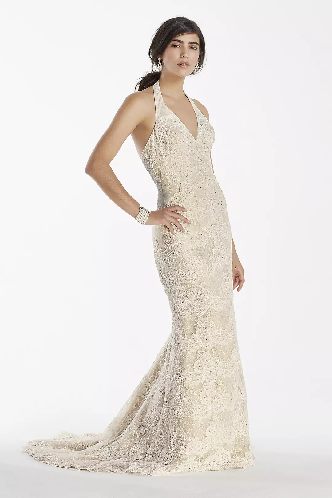 Scallop Beaded Lace Halter V-Neck Trumpet Gown - Image 9