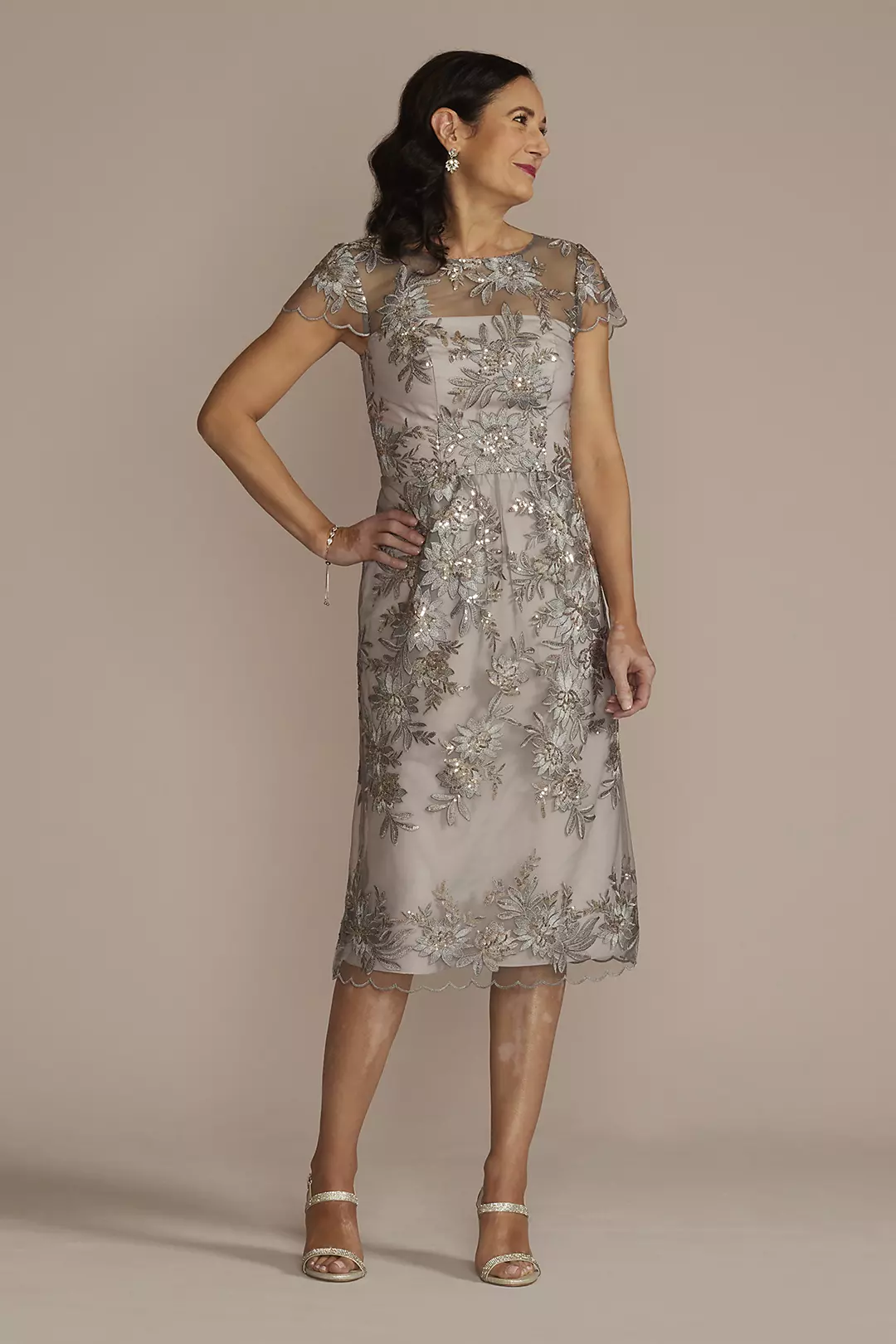 Scalloped Cap Sleeve Sequin Embroidered Sheath - Image 4