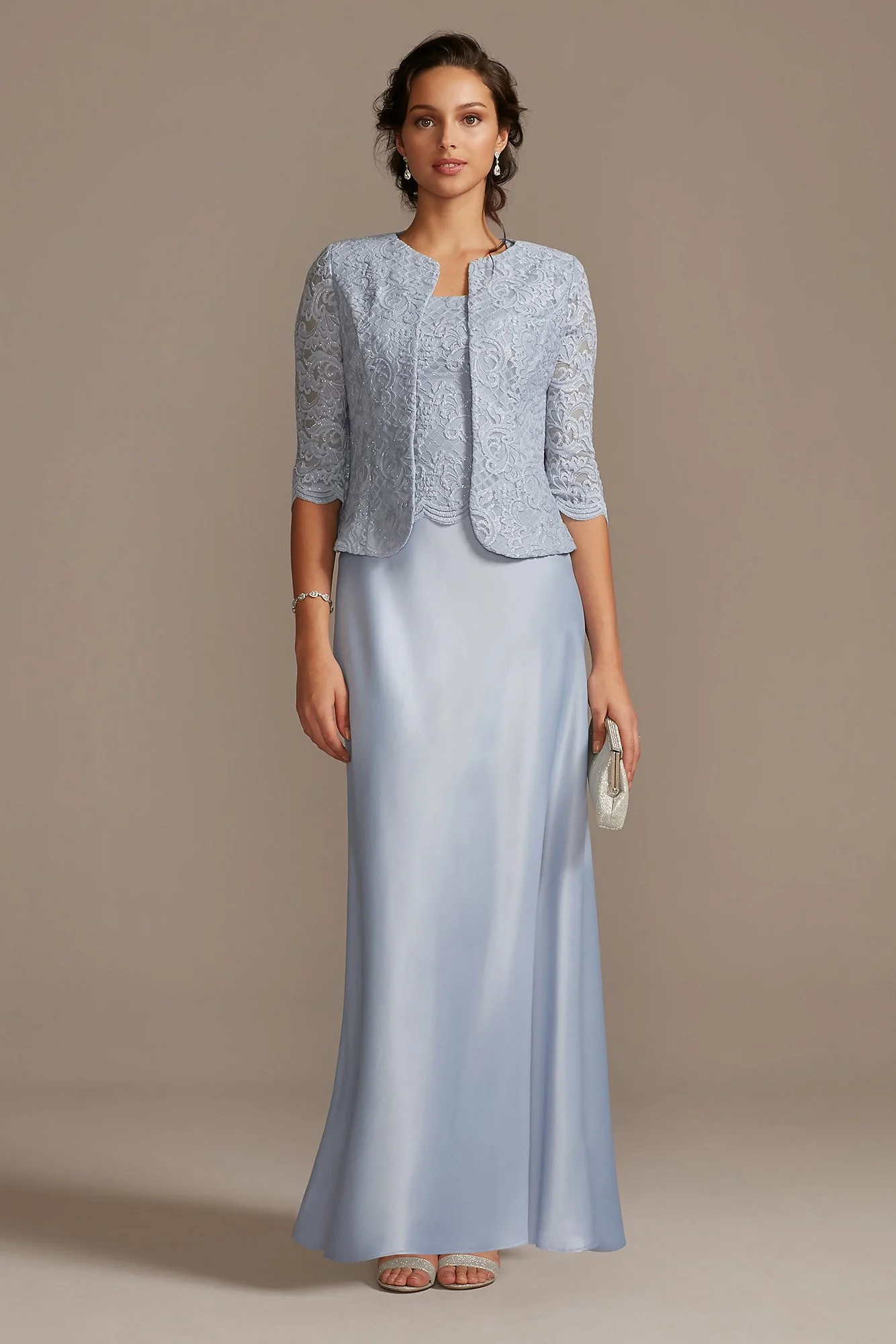 Scalloped Glitter Lace Dress with Satin Skirt