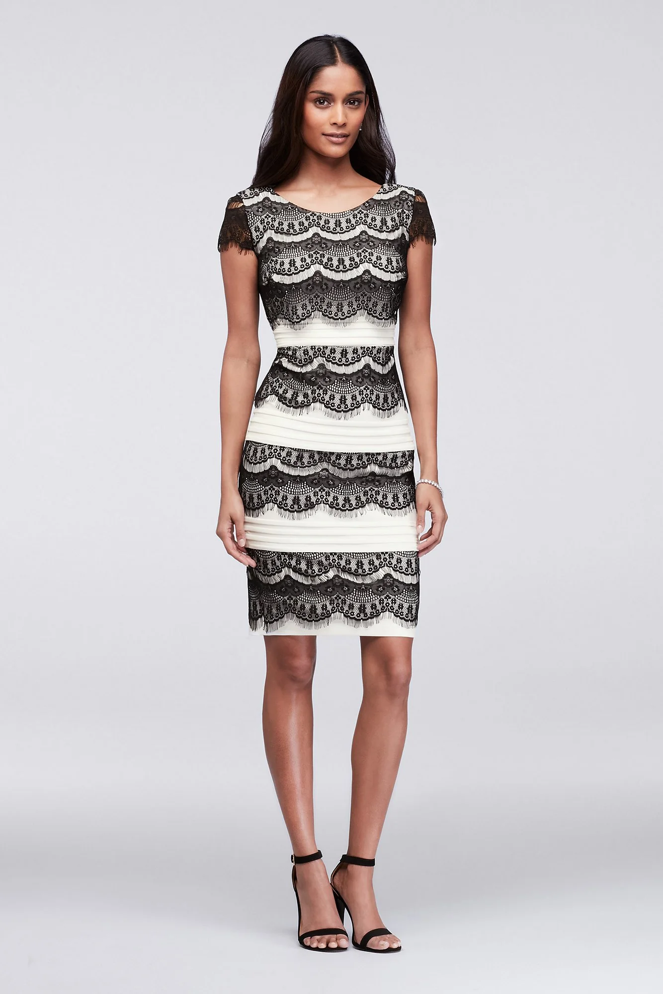 Scalloped Lace and Textured Stripe Sheath Dress