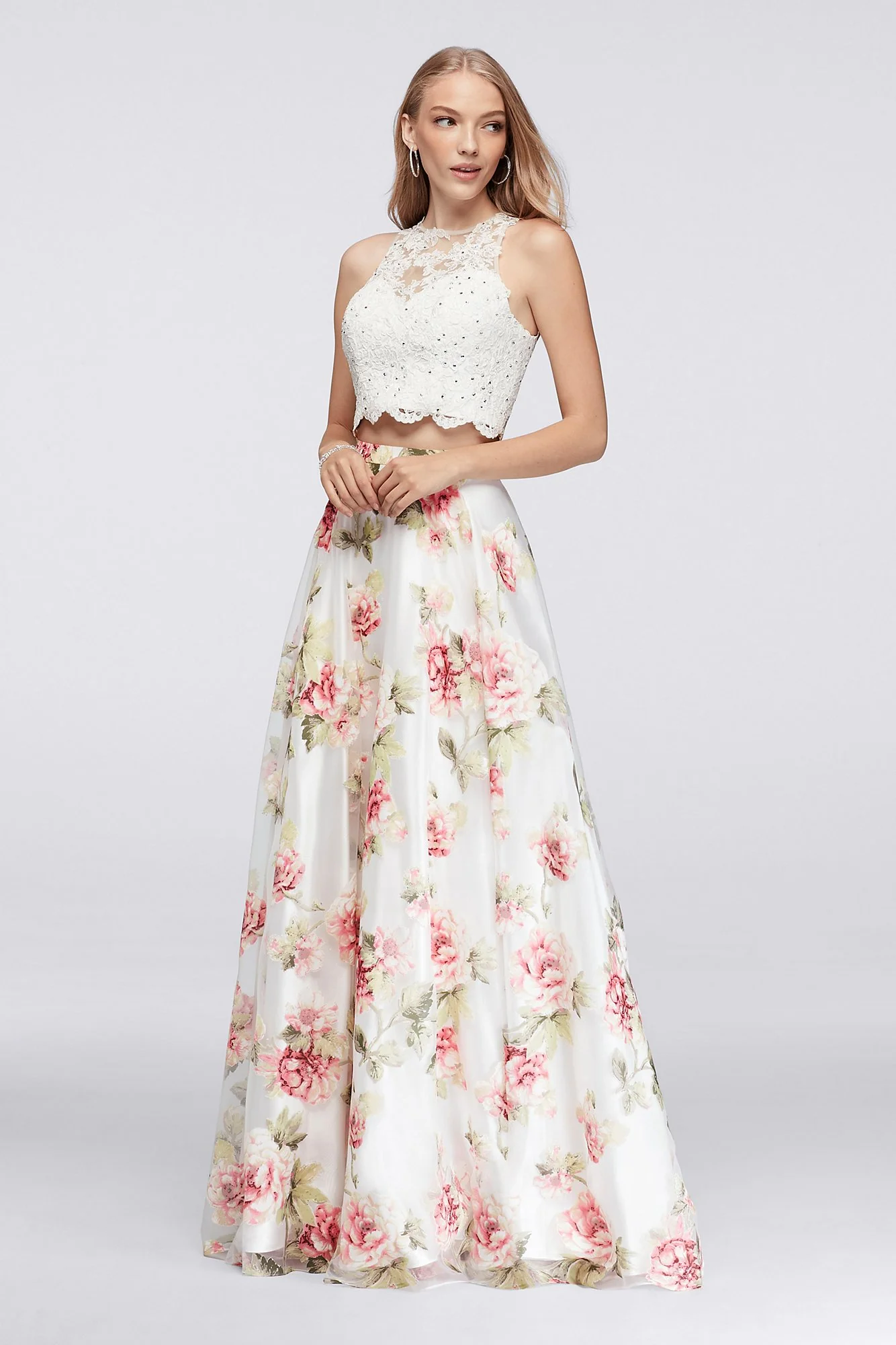 Scalloped Lace Top and Printed Organza Skirt Set