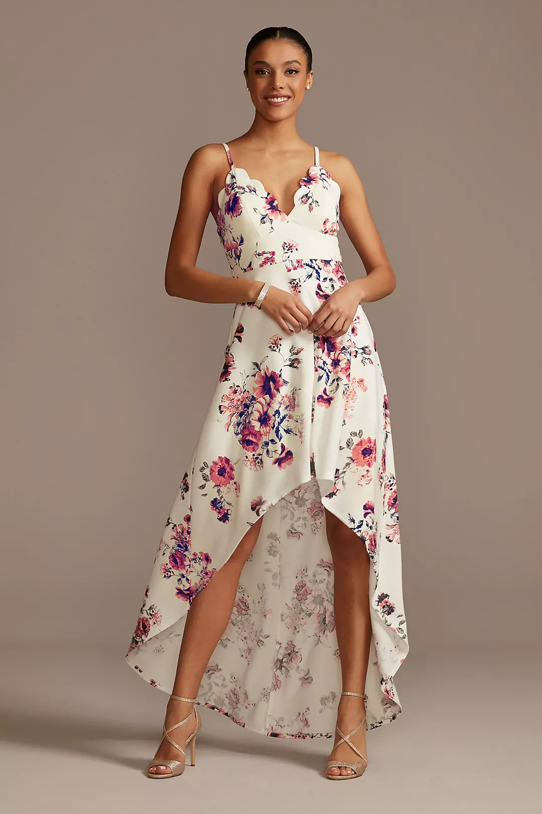 Scalloped Spaghetti Strap High Low Floral Dress - Image 7