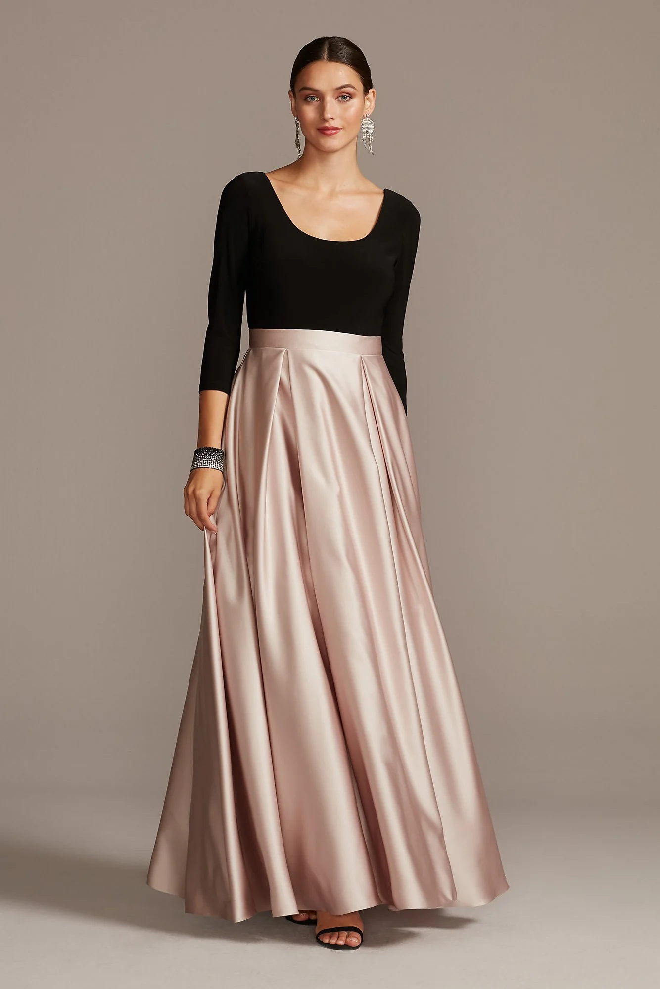 Scoop Bodice 3/4 Sleeve Gown with Satin Skirt - Image 2