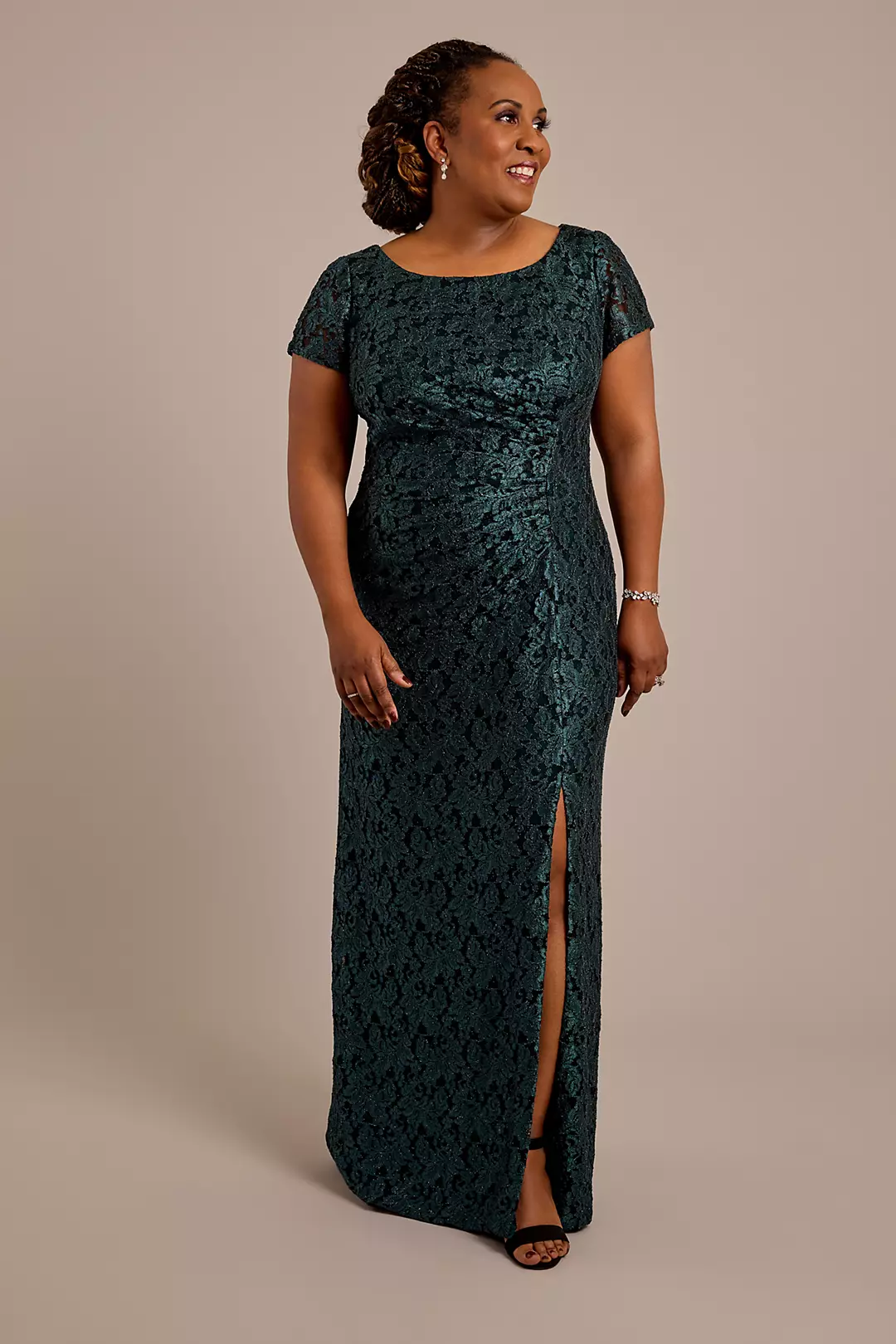 Scoop Neck Gathered Lace Sheath Dress with Slit - Image 5