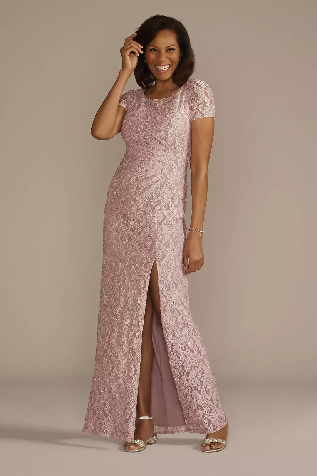 Scoop Neck Gathered Lace Sheath Dress with Slit - Image 6