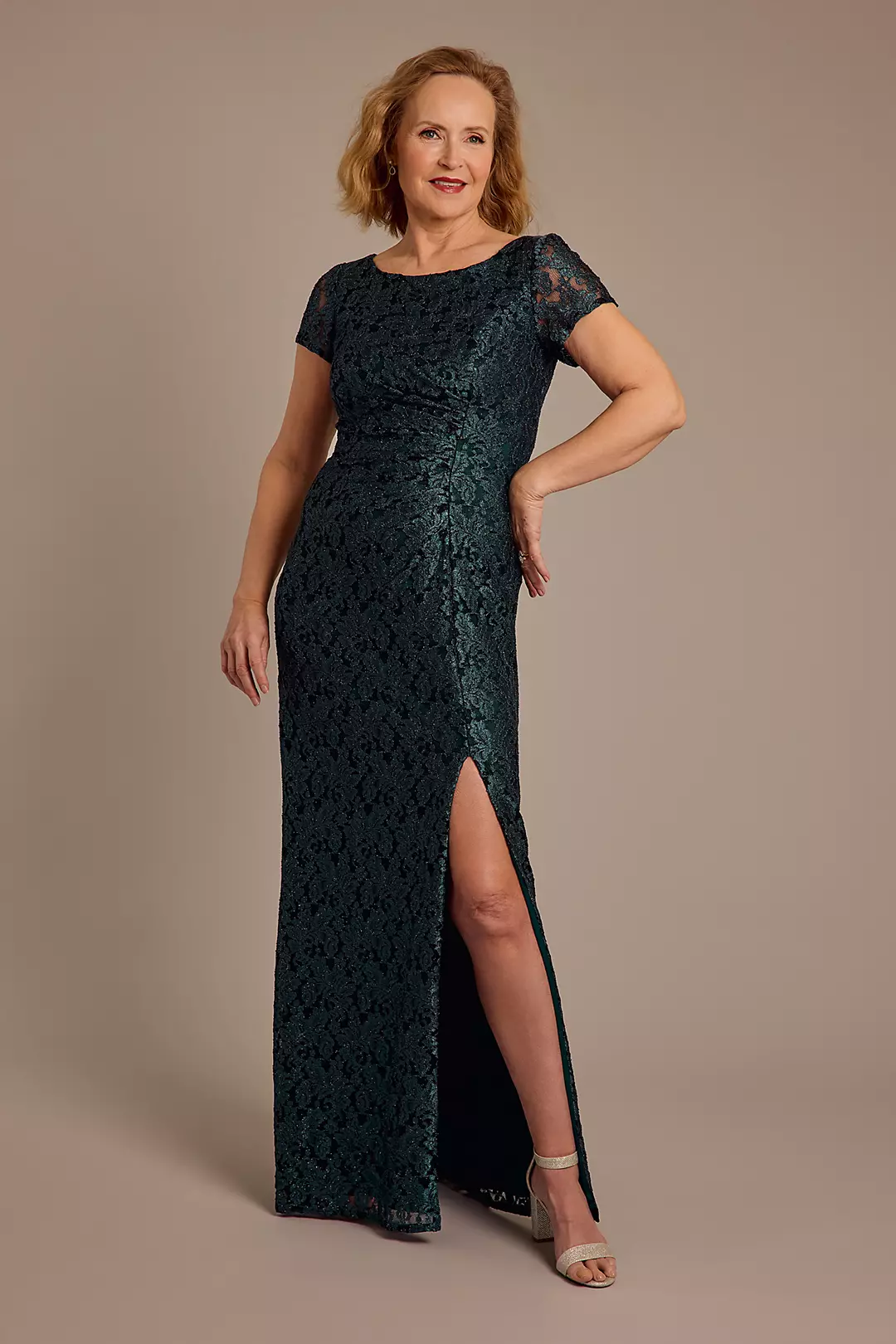 Scoop Neck Gathered Lace Sheath Dress with Slit - Image 8