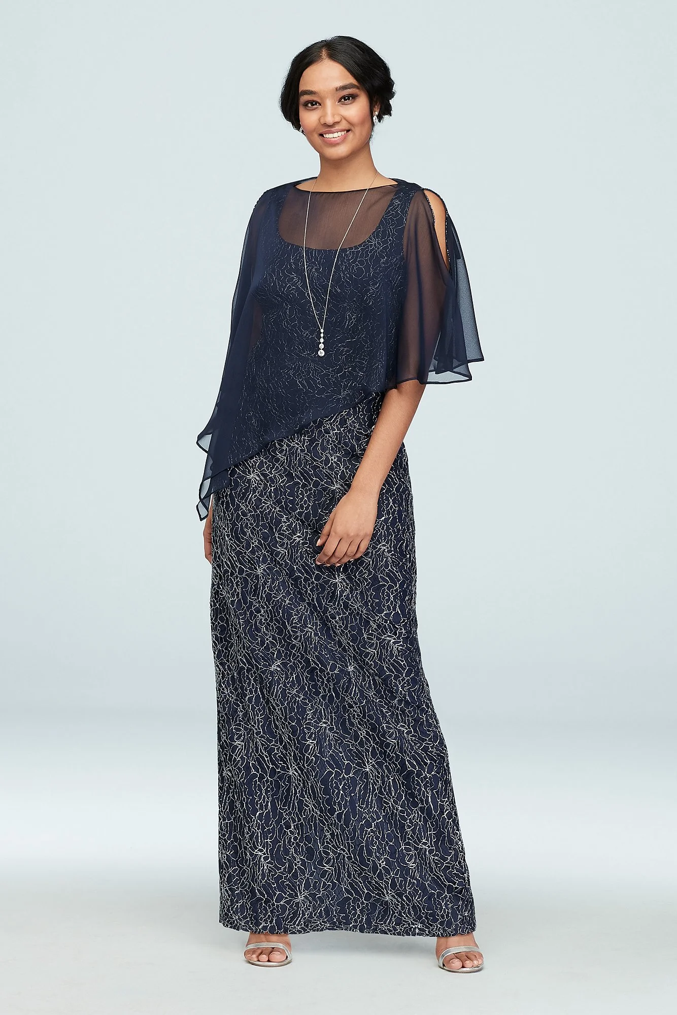 Scoop Neck Metallic Lace Gown with Beaded Capelet