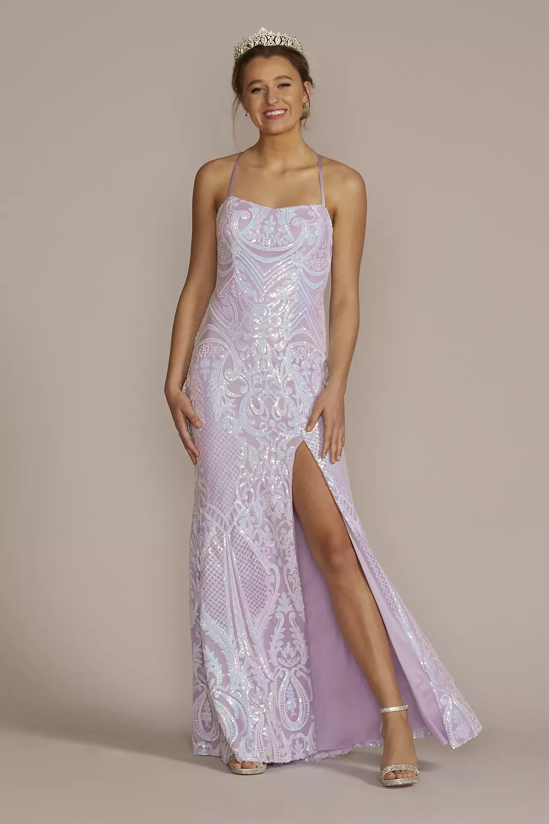 Scoop Neck Sequin Patterned Sheath with Slit - Image 4