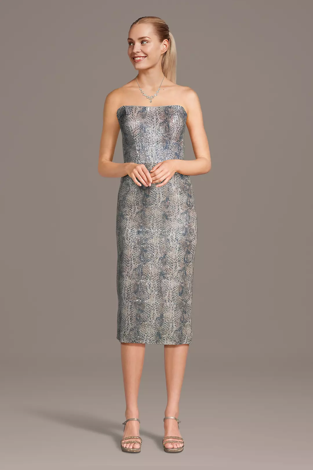 Sculpted Snakeskin Sequin Midi Sheath Dress