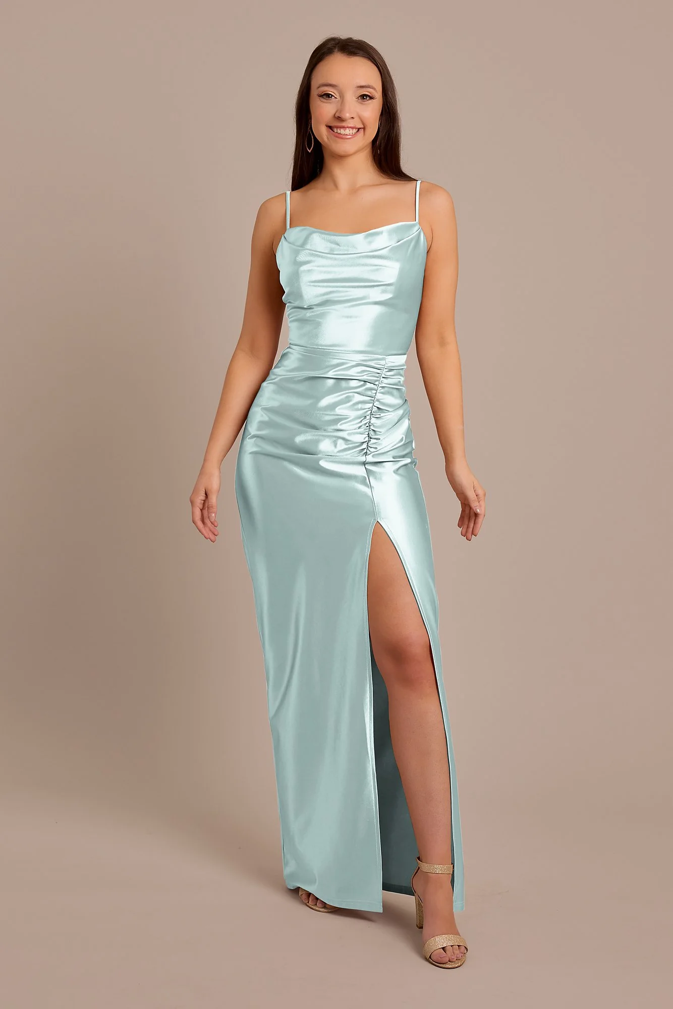 Sculpting Satin Cowl Neck Ruched Dress - Image 11