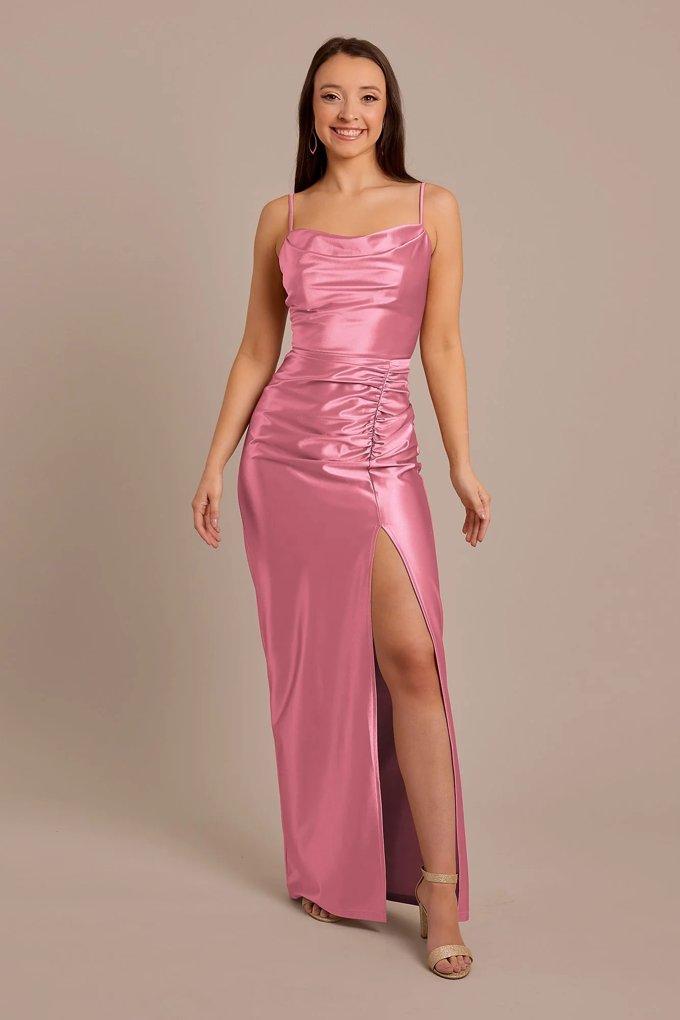 Sculpting Satin Cowl Neck Ruched Dress - Image 17