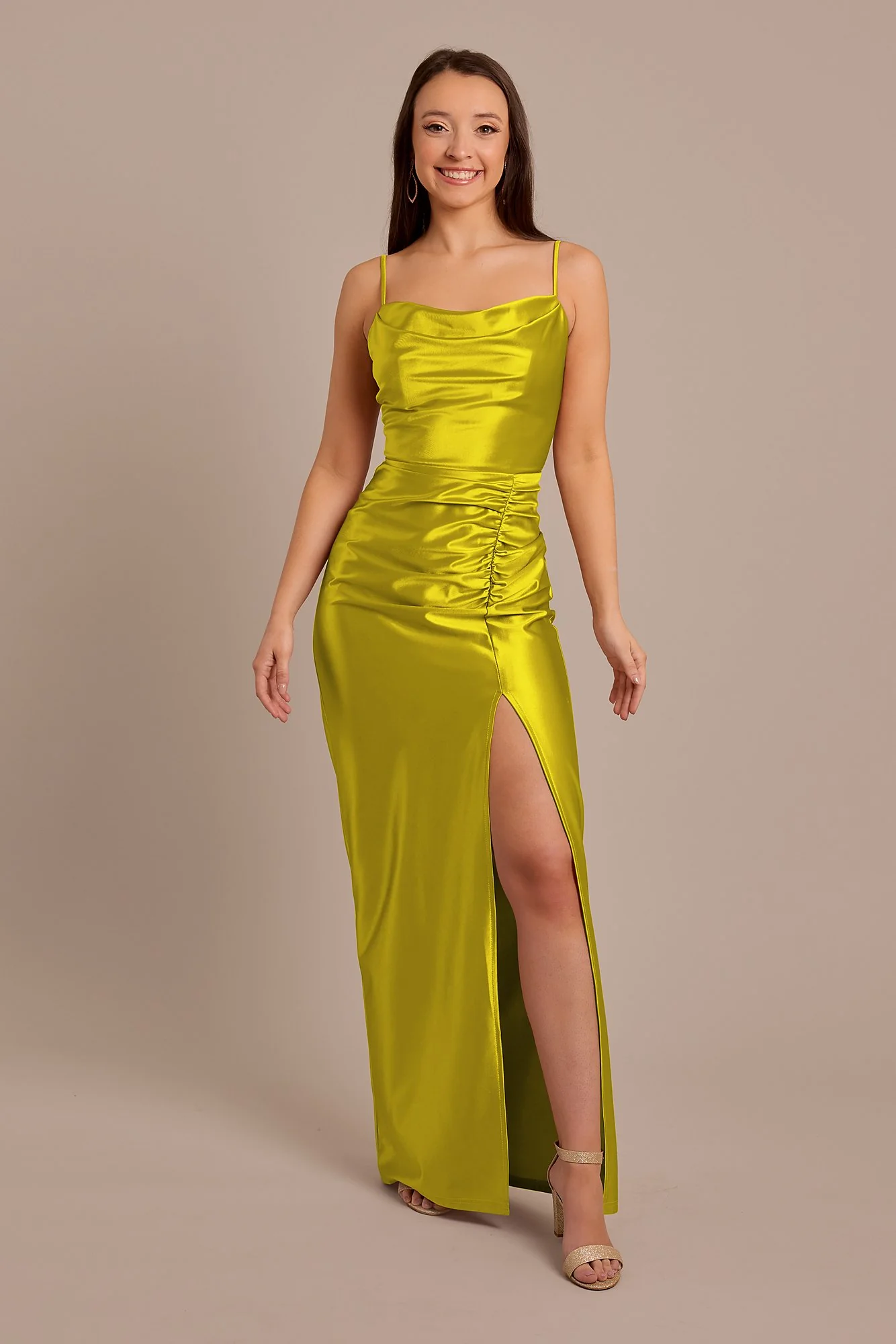 Sculpting Satin Cowl Neck Ruched Dress - Image 22